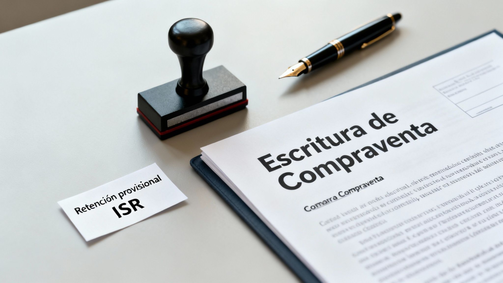 Documentos legales sobre la venta de propiedad con una nota de 'Retención provisional ISR', un sello y una pluma.
