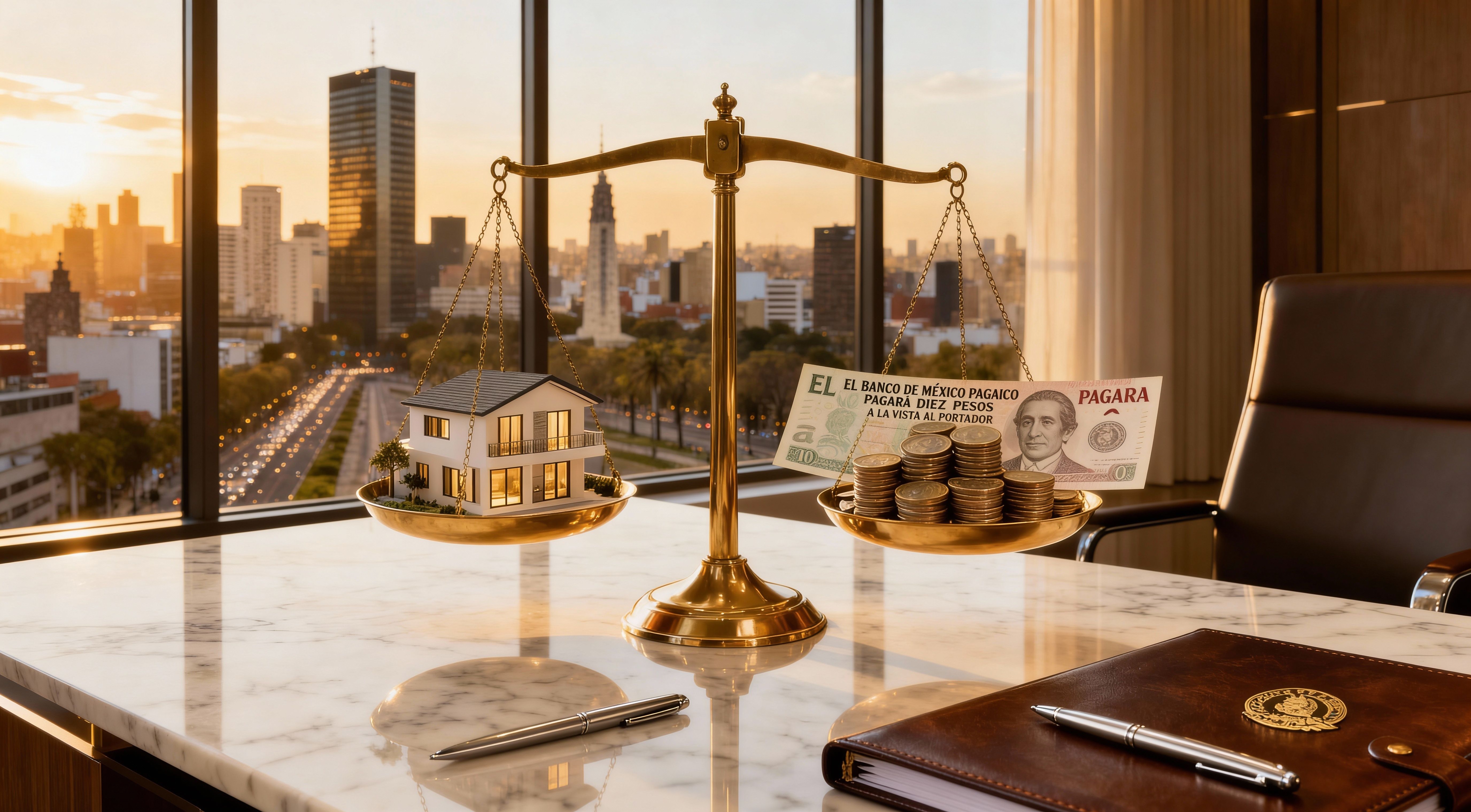 Balanza con una propiedad de lujo y su posible valor monetario