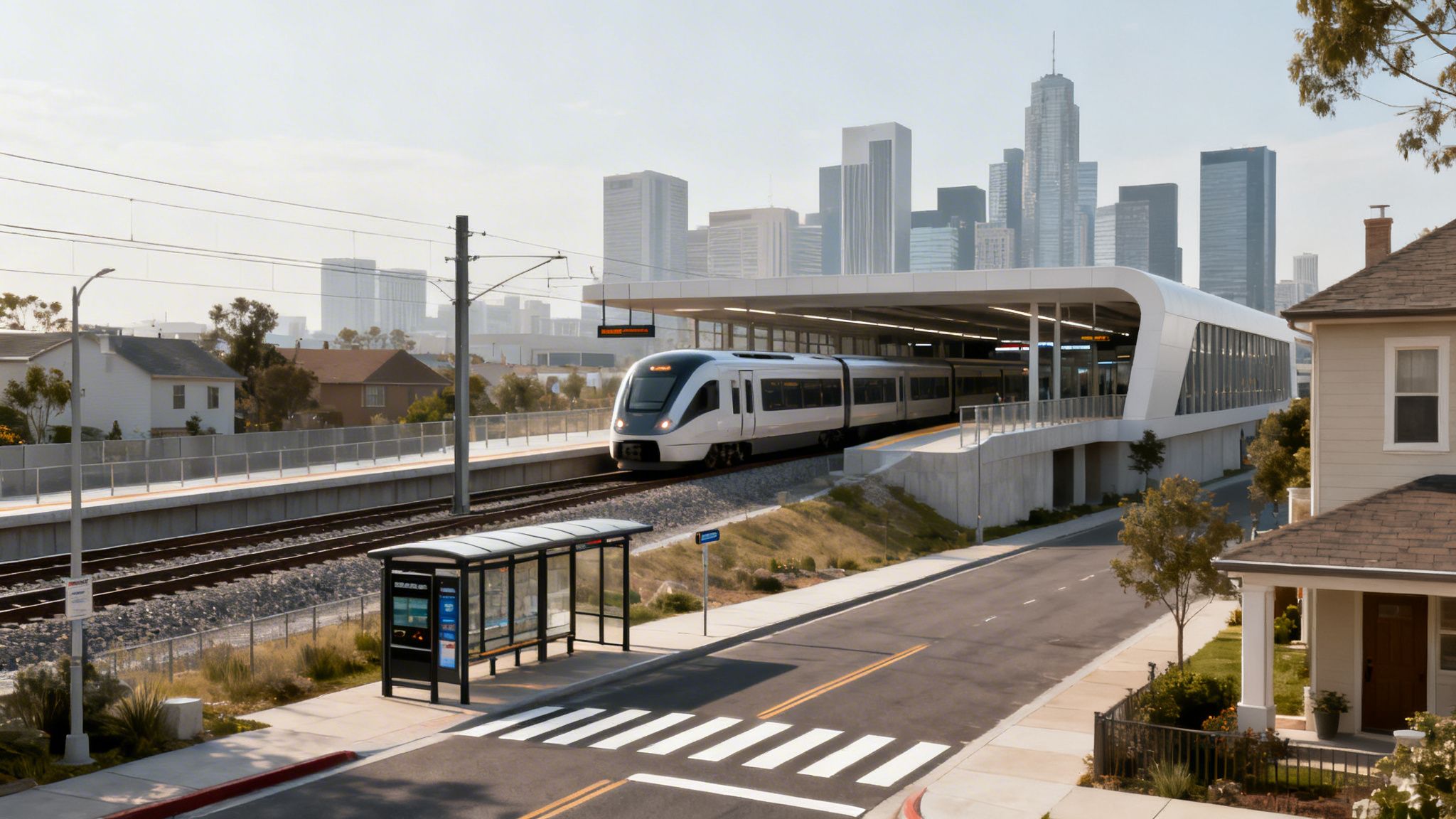 Tren moderno en una estación elevada con casas y rascacielos al fondo, un paisaje urbano de transporte público.