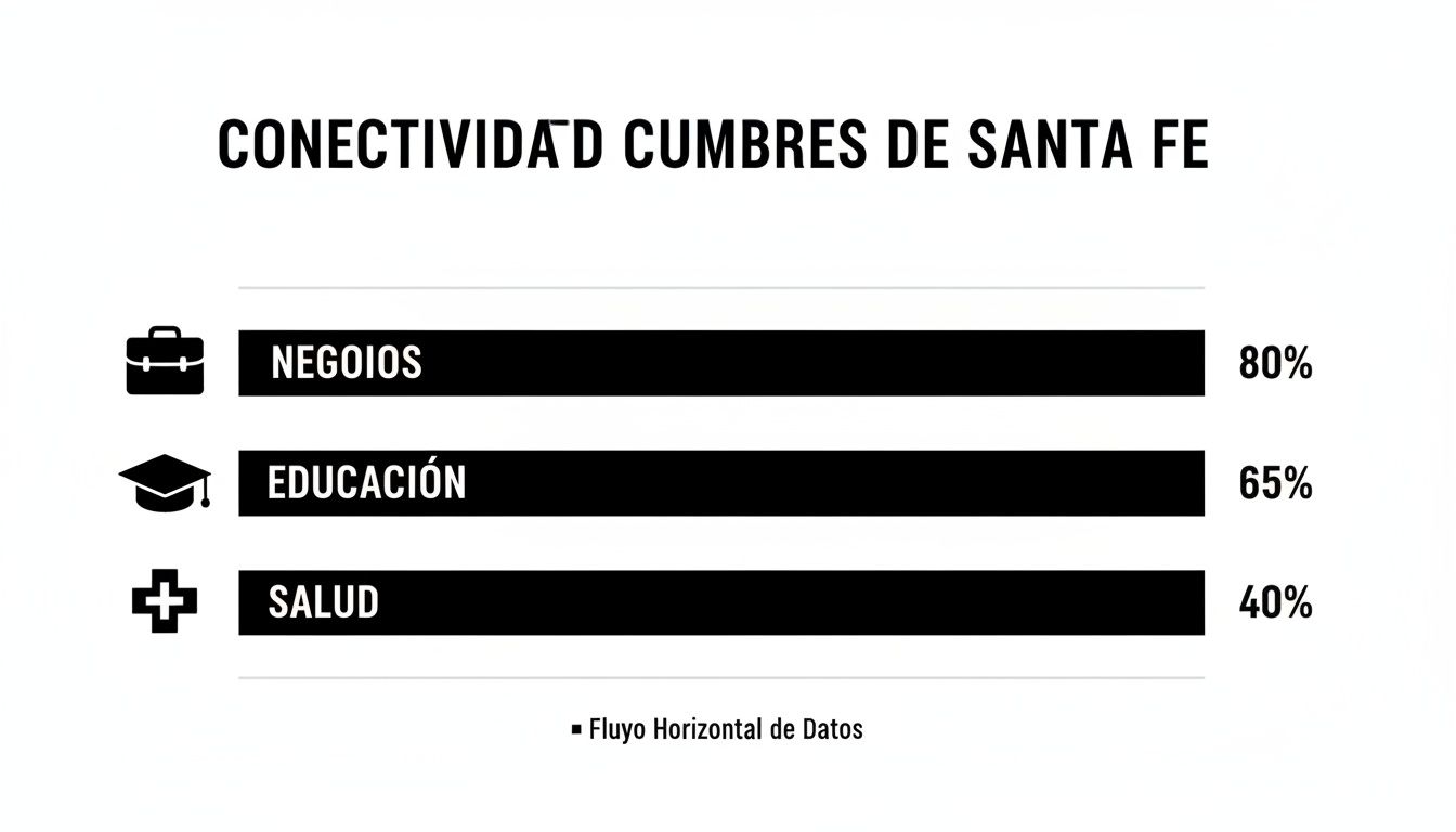 Gráfico de barras mostrando la conectividad en Cumbres de Santa Fe para negocios, educación y salud.