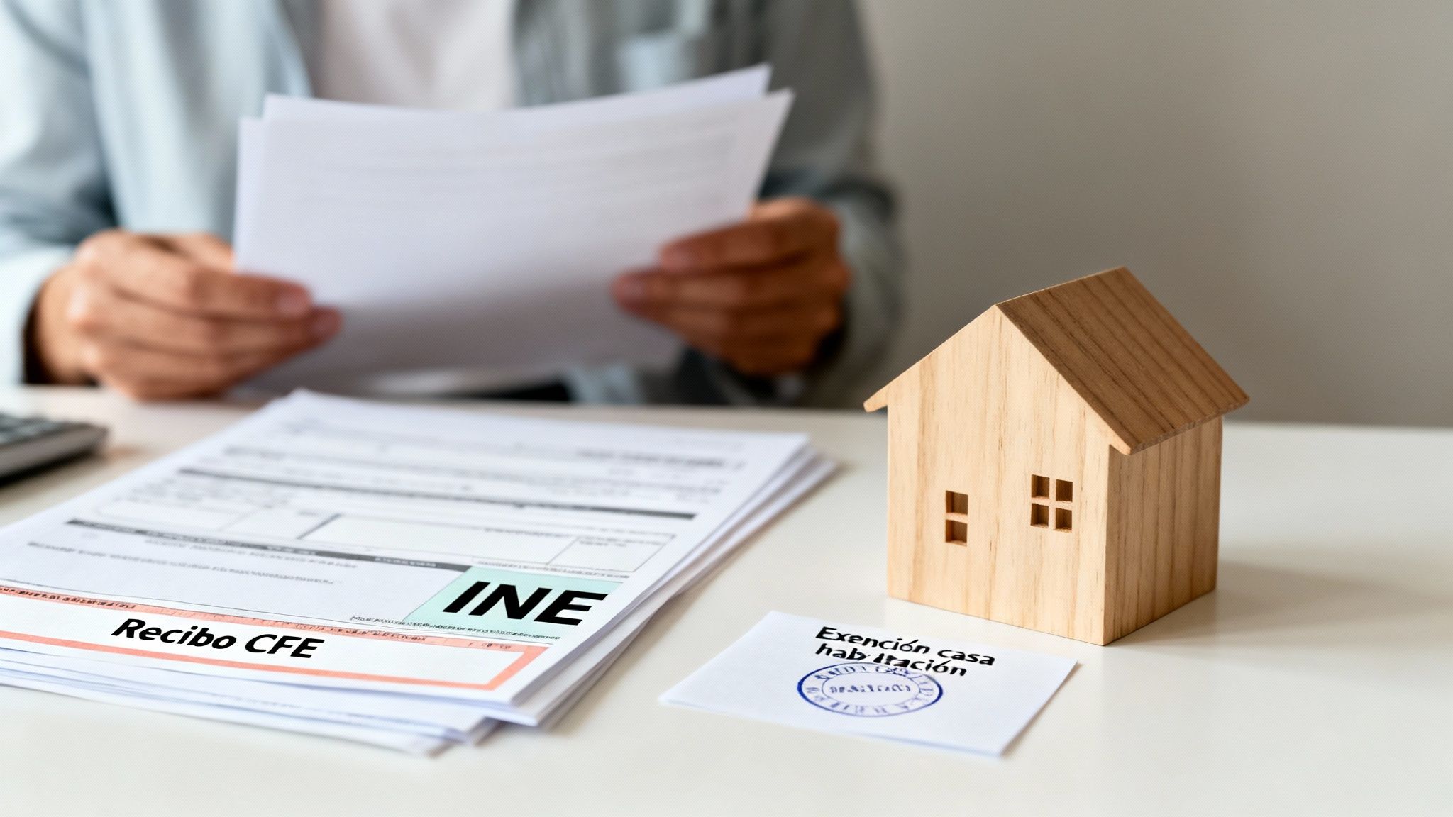 Persona revisando documentos financieros y un modelo de casa, con recibos de CFE e INE.