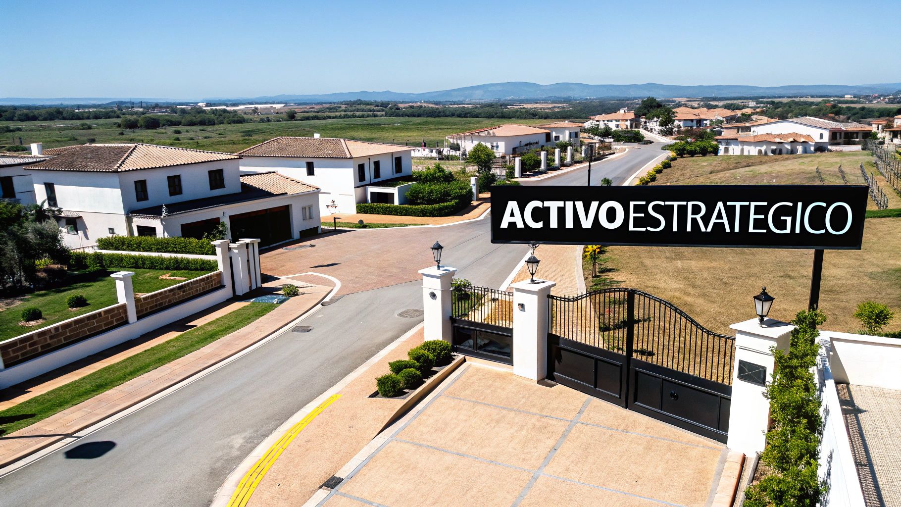 Vista aérea de una urbanización residencial con casas blancas, jardines y calles, y un cartel de 'ACTIVO ESTRATEGICO' en primer plano.