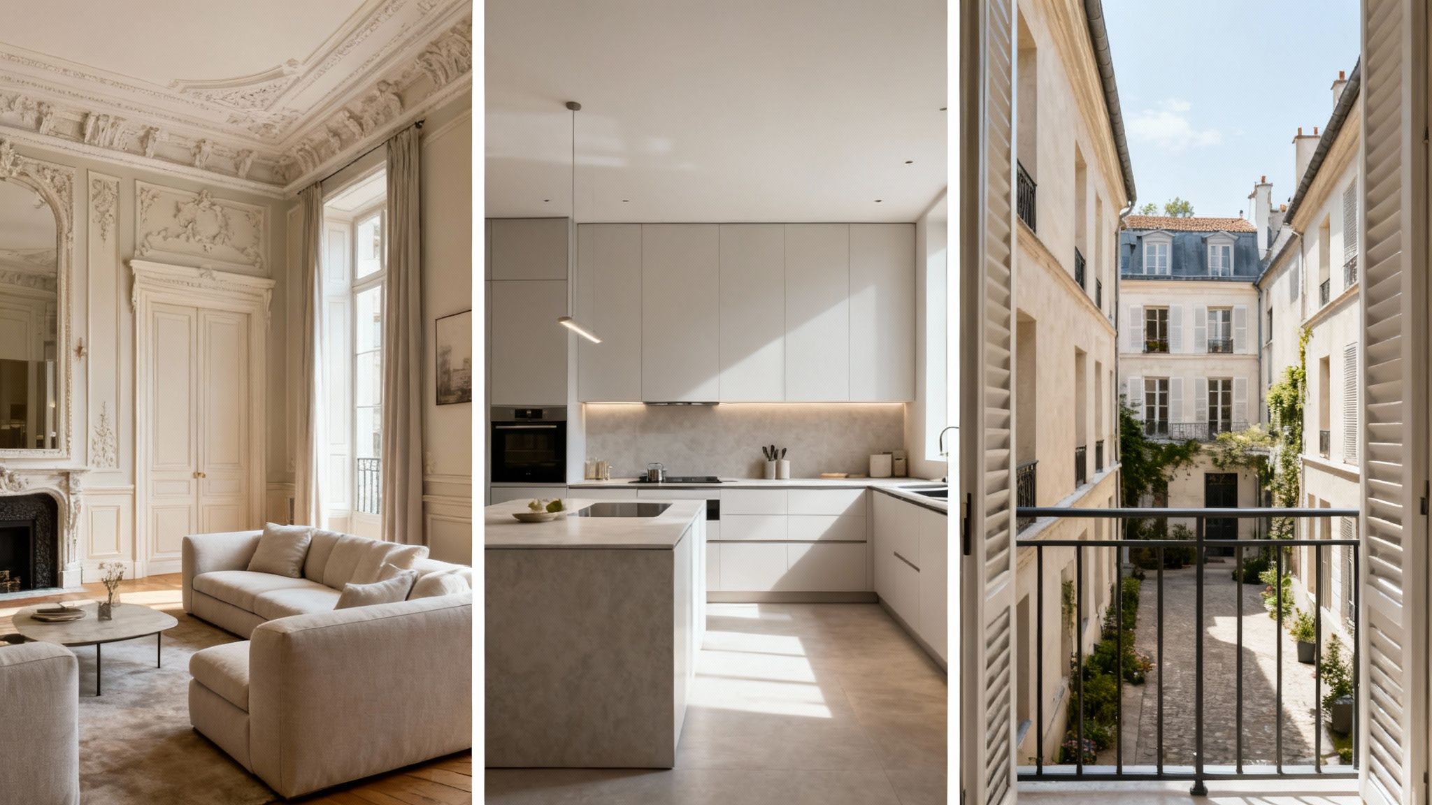 Tres vistas de un hogar lujoso: sala clásica, cocina moderna y balcón con patio.