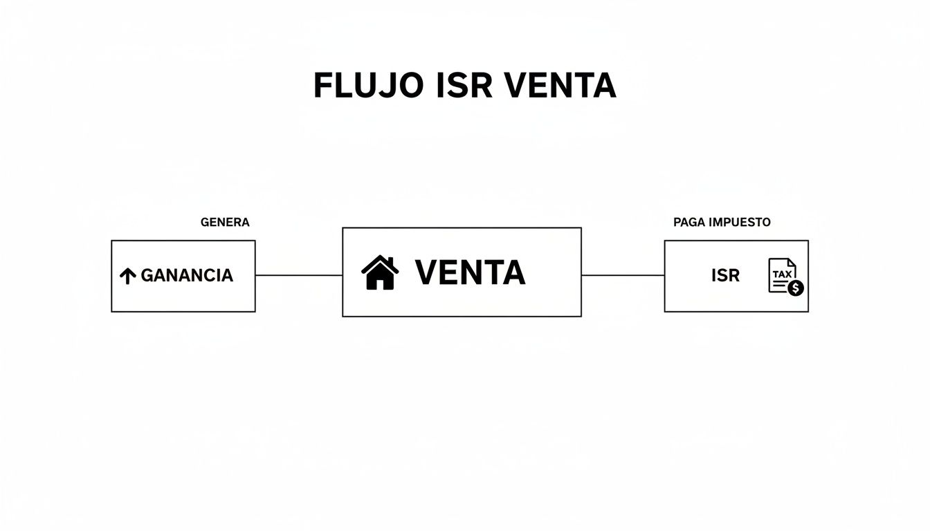Diagrama de flujo del Impuesto Sobre la Renta (ISR) por la venta de una propiedad, mostrando ganancia y pago.