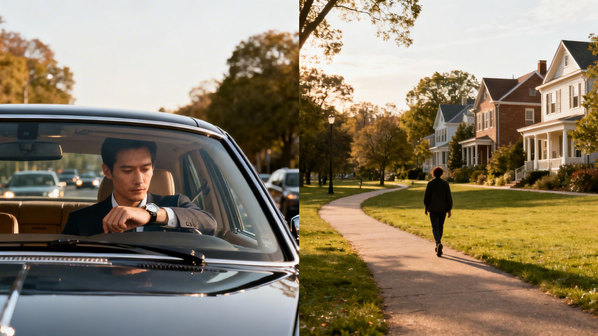 Hombre en un coche mira su reloj mientras una persona camina por un sendero con casas al atardecer.
