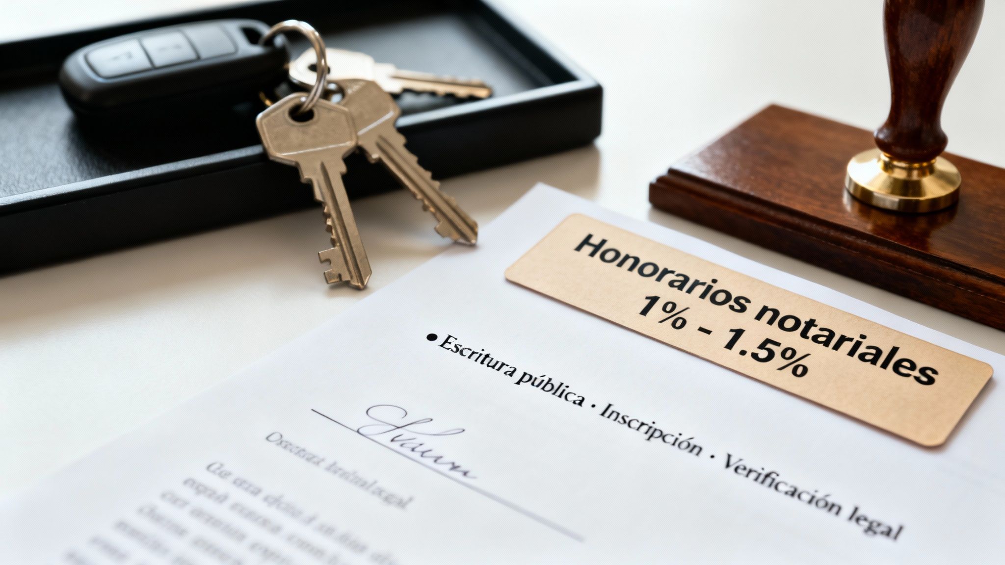 Documento de honorarios notariales, llaves de propiedad y sello, representando el proceso de compra de inmuebles.