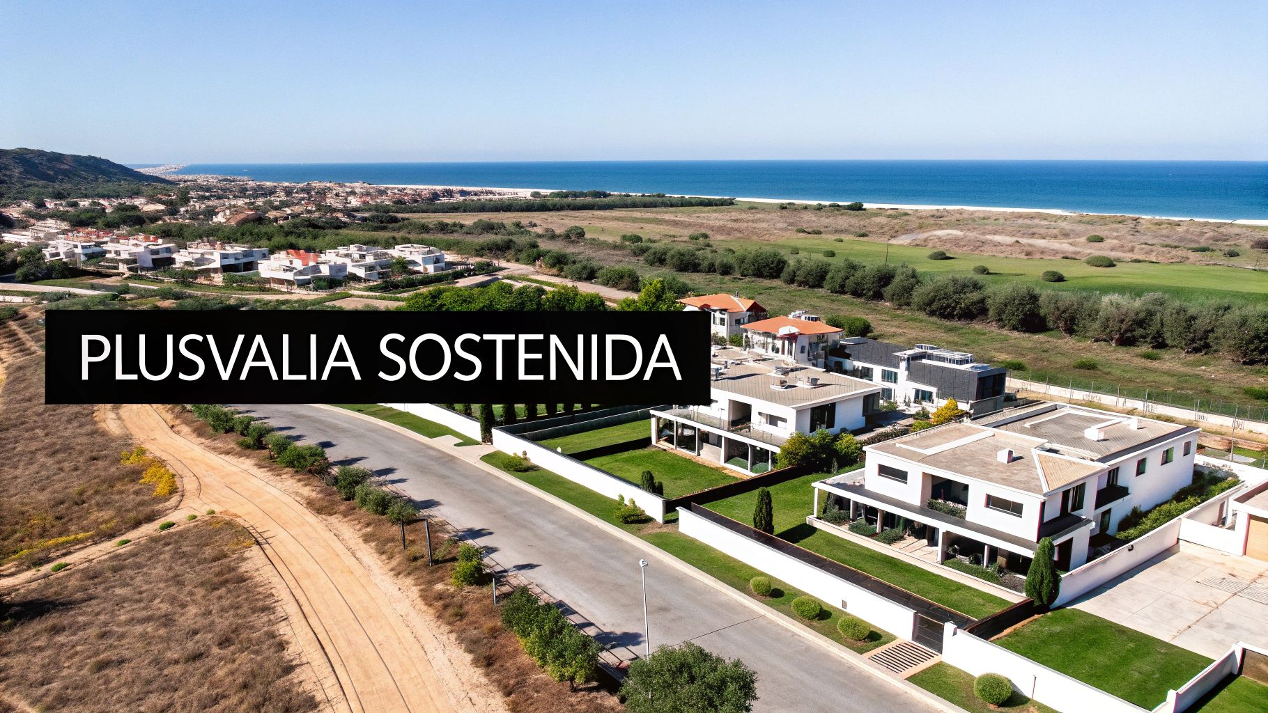 Vista aérea de exclusivas residencias modernas cerca de la playa, con el mar de fondo y el mensaje 'PLUSVALIA SOSTENIDA'.