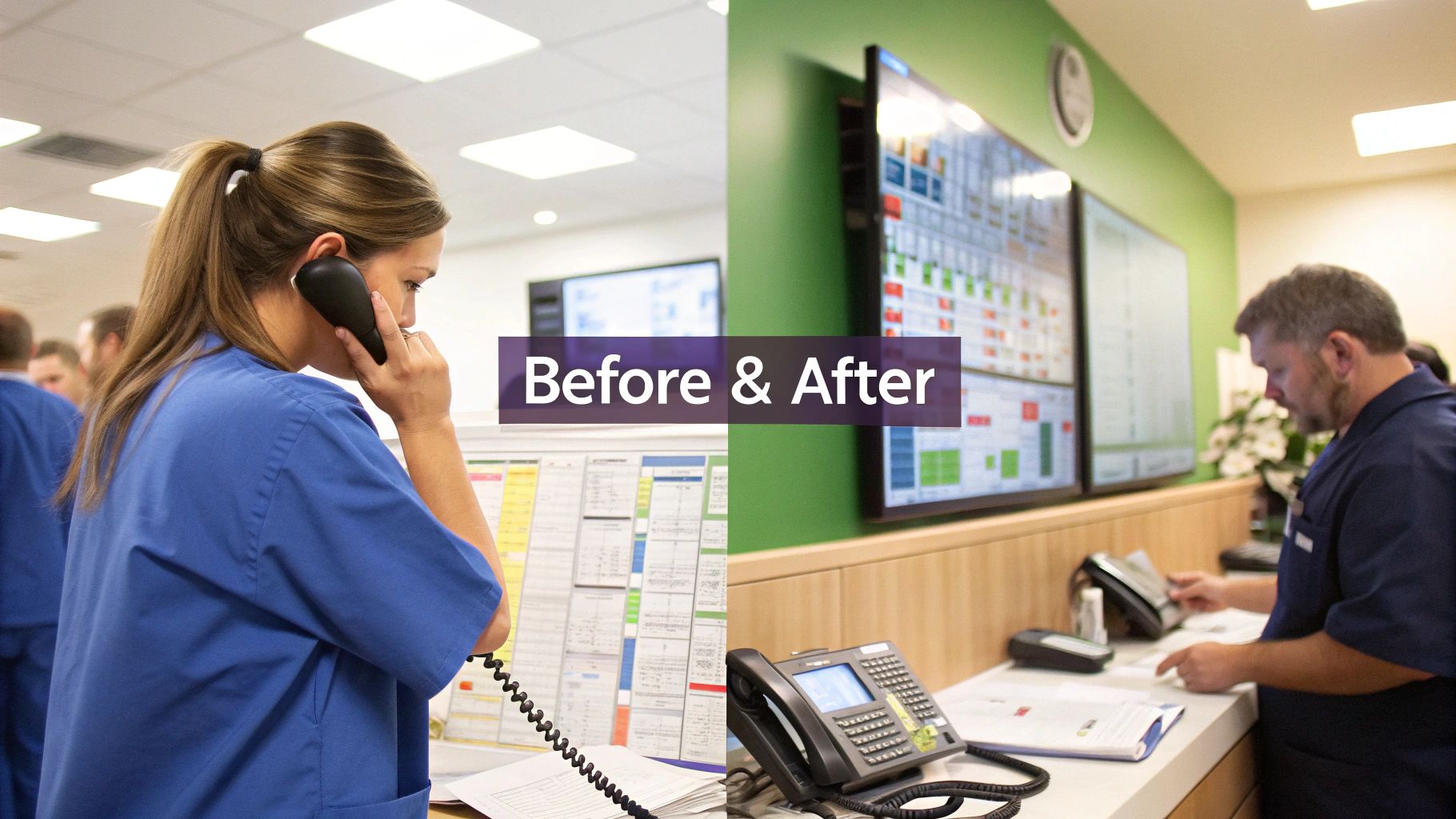 Healthcare professionals demonstrate the before and after of digital transformation from manual charts to automated screens.