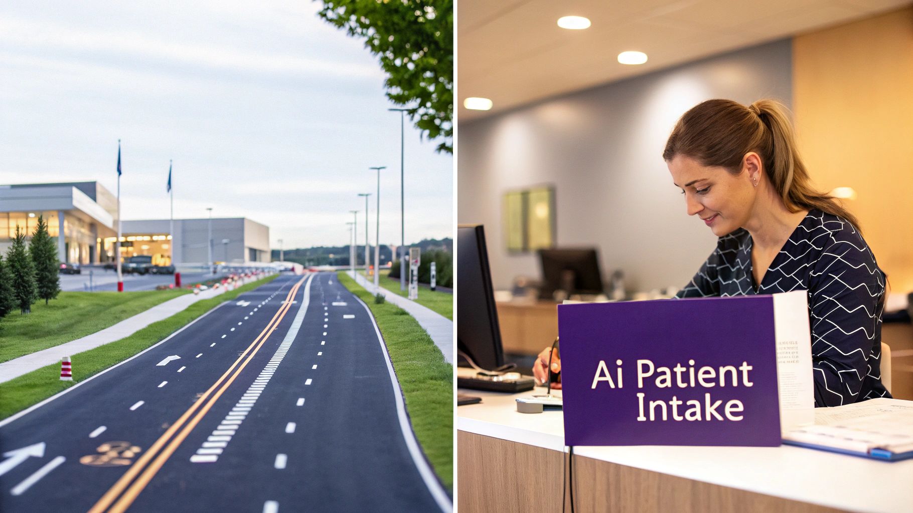Split image: an empty road leading to a modern building, and a woman working at an Ai Patient Intake desk.