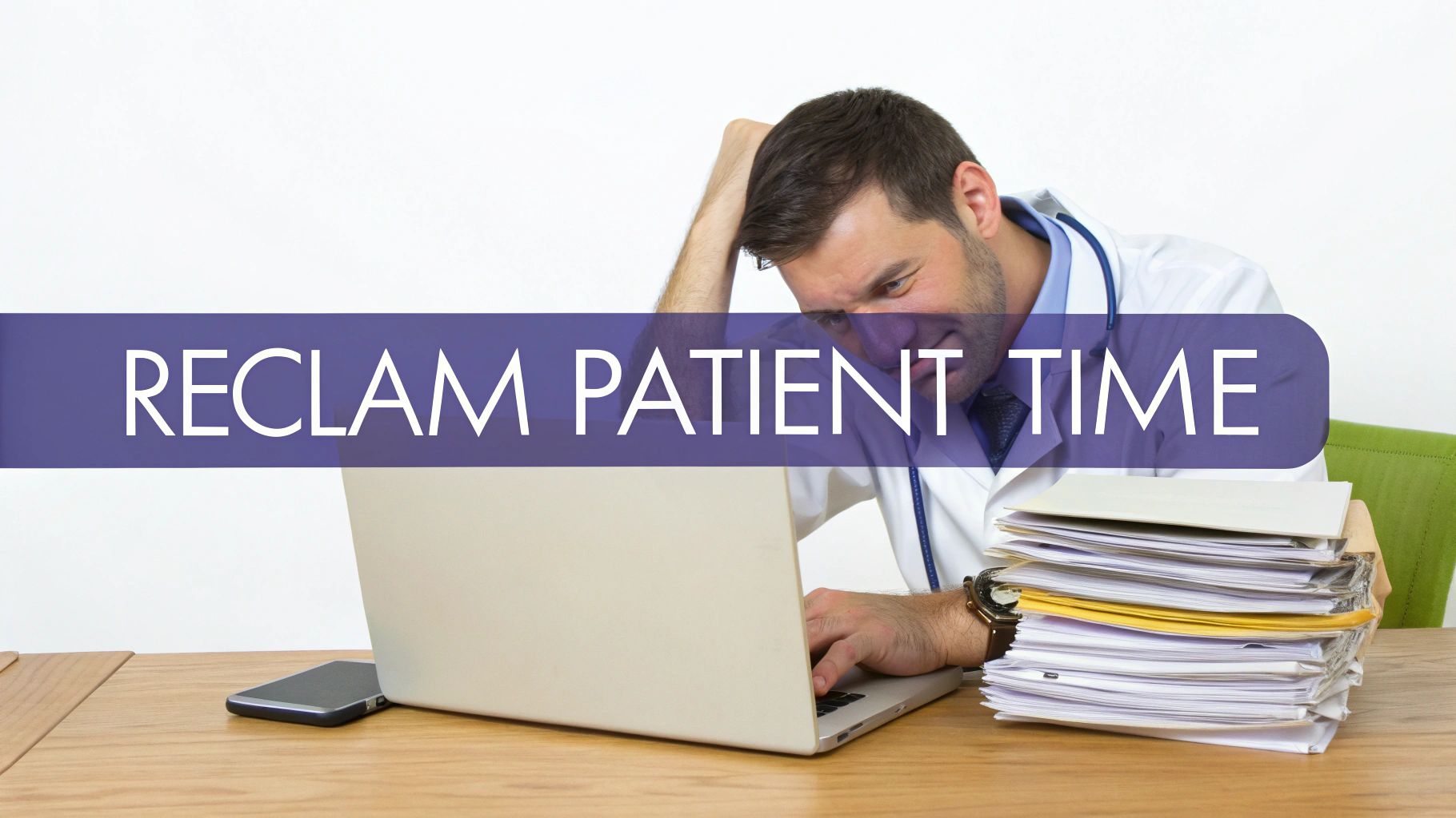 A stressed doctor at a desk with laptop and large stack of paperwork, with 'RECLAM PATIENT TIME' text.