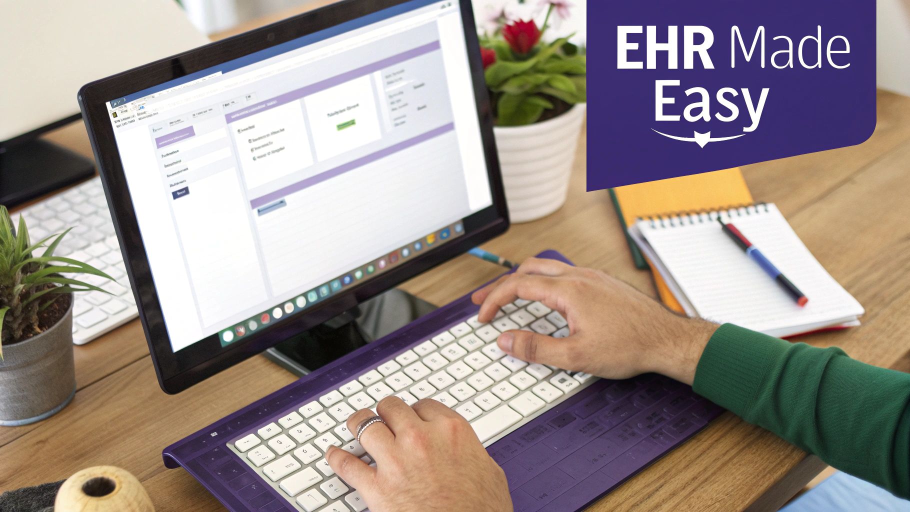 A person typing on a purple keyboard, using a computer displaying an EHR application with 'EHR Made Easy' text.