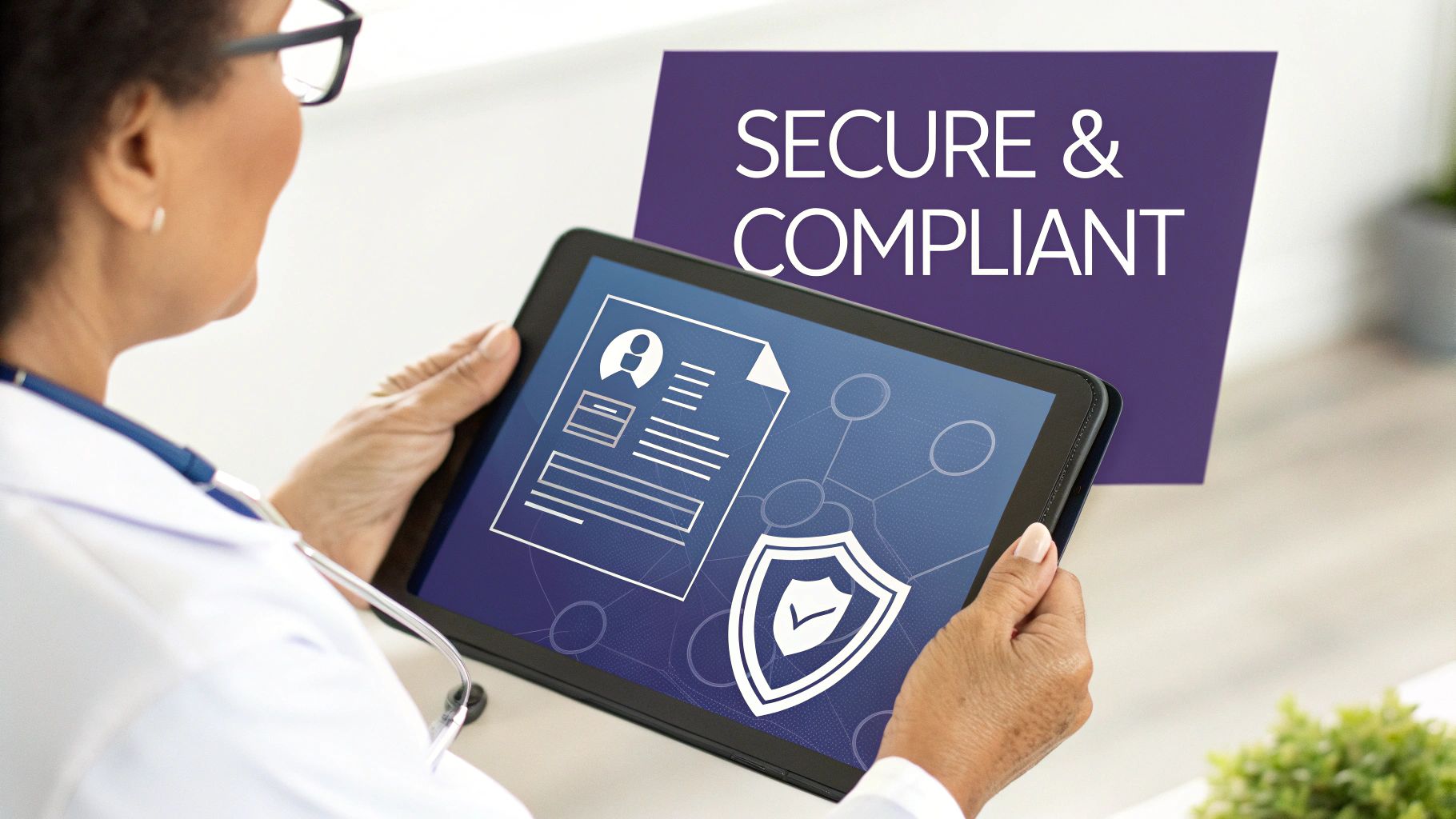 Doctor reviews secure and compliant patient data on a tablet, emphasizing digital healthcare.