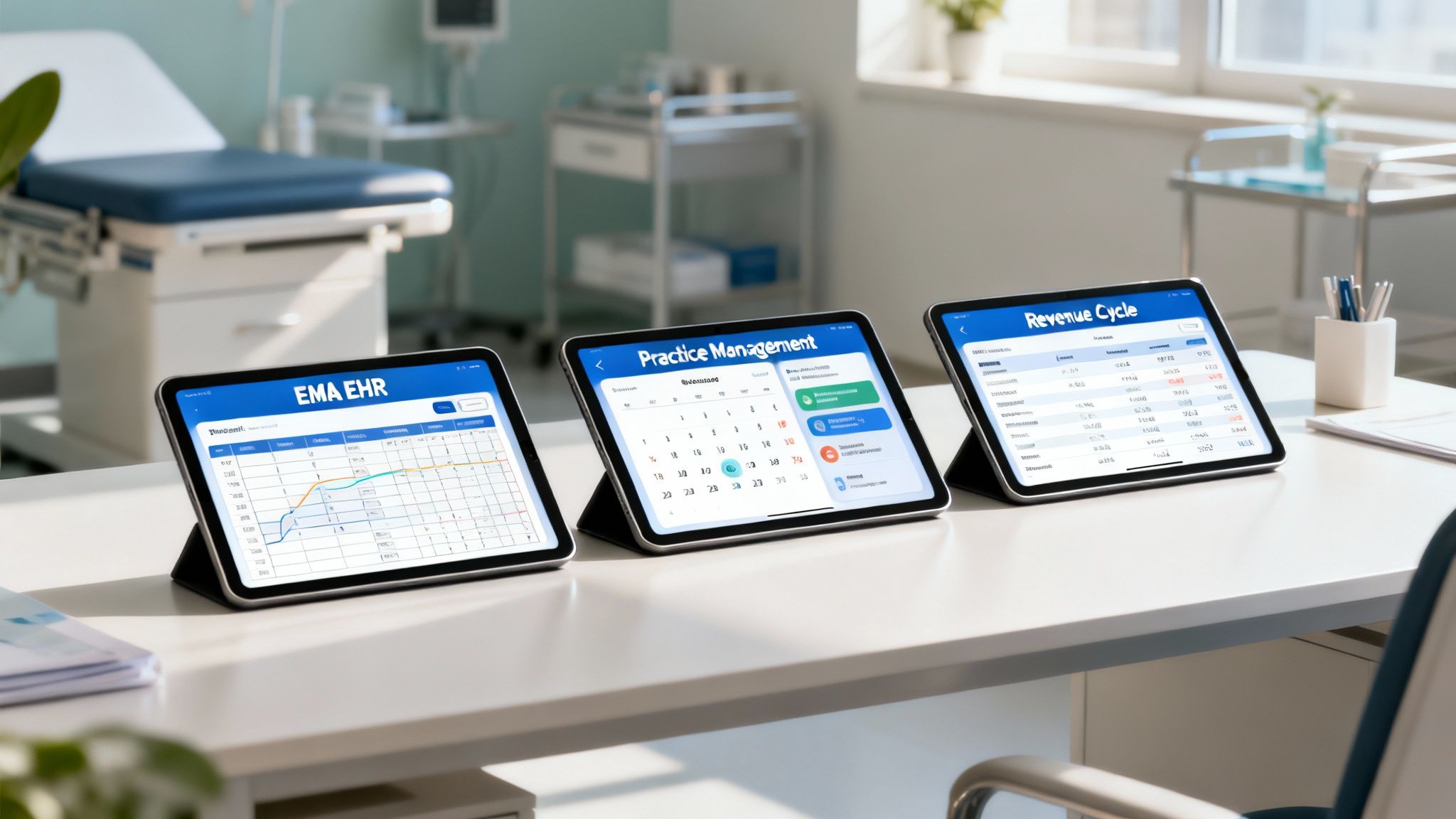 Three tablets on a desk displaying medical EHR, practice management, and revenue cycle software.