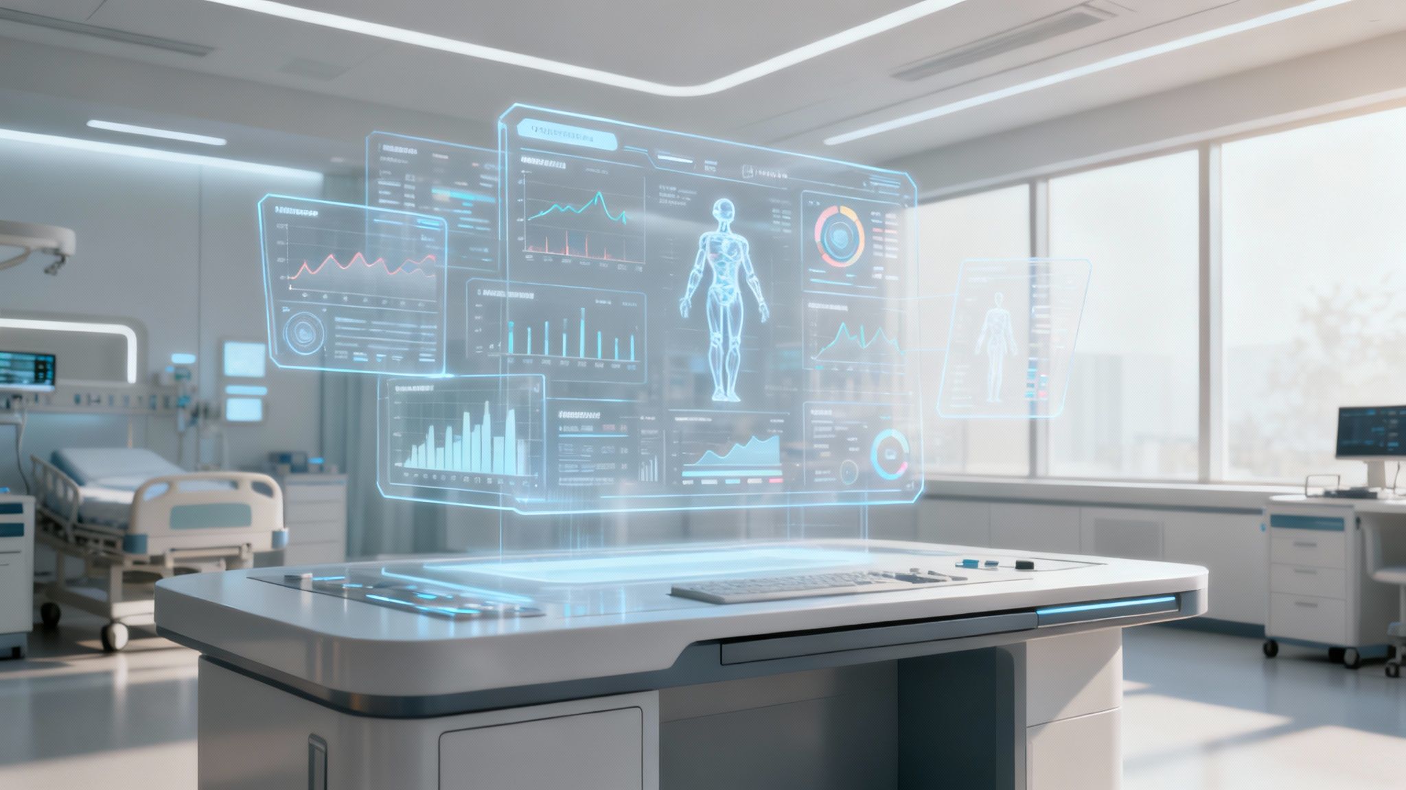 An illustration showing a futuristic interface with AI and machine learning icons interacting with healthcare data, symbolizing intelligent automation.