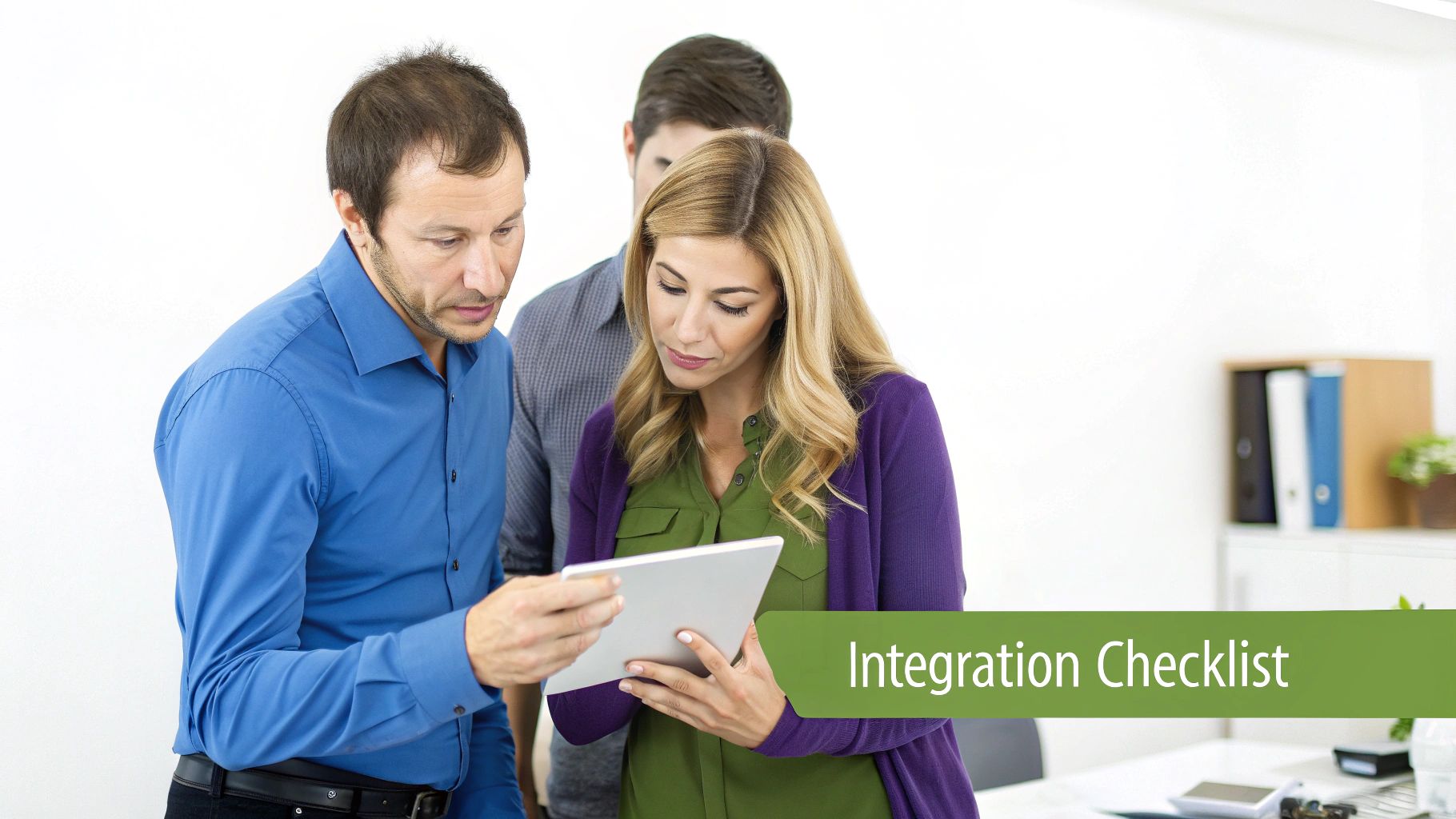 Three business colleagues review information on a tablet, with an 'Integration Checklist' banner.