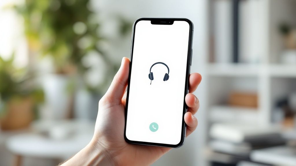 A healthcare professional smiling while talking on the phone in a modern clinic office.