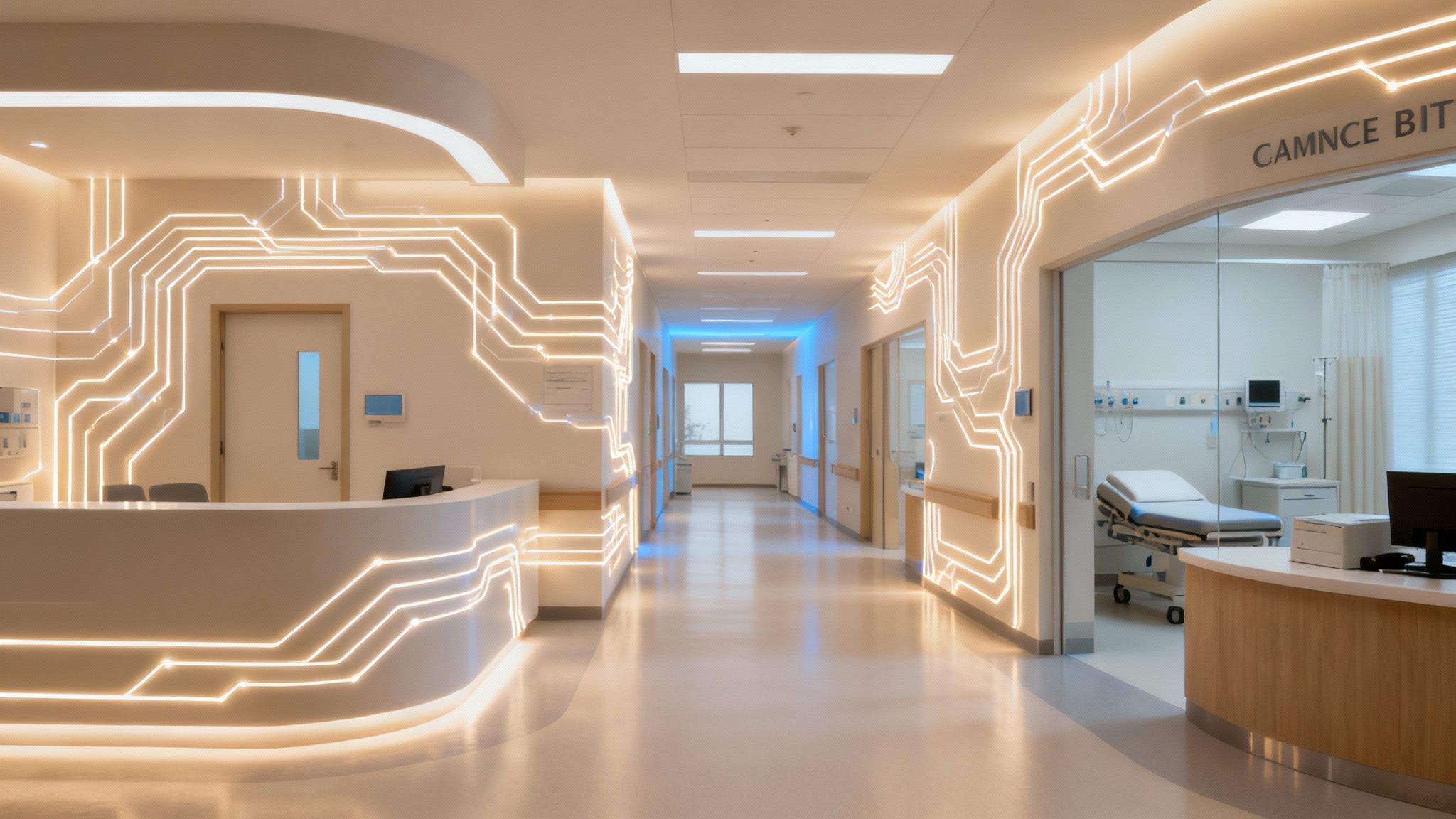 An illustration showing a digital interface with healthcare icons, representing the nervous system of a clinic.