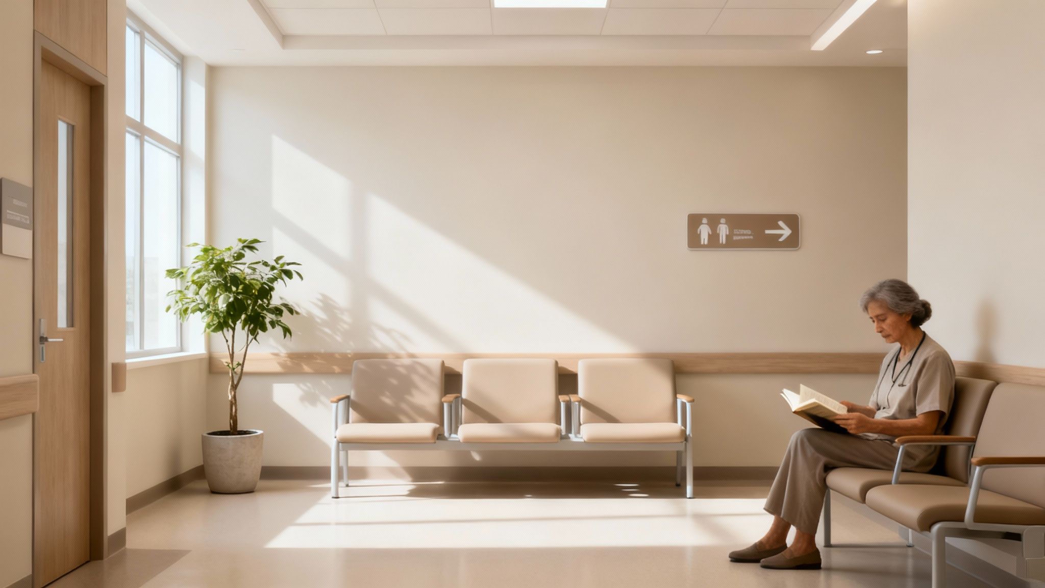 Healthcare professional reading in modern hospital waiting room with natural sunlight and comfortable seating