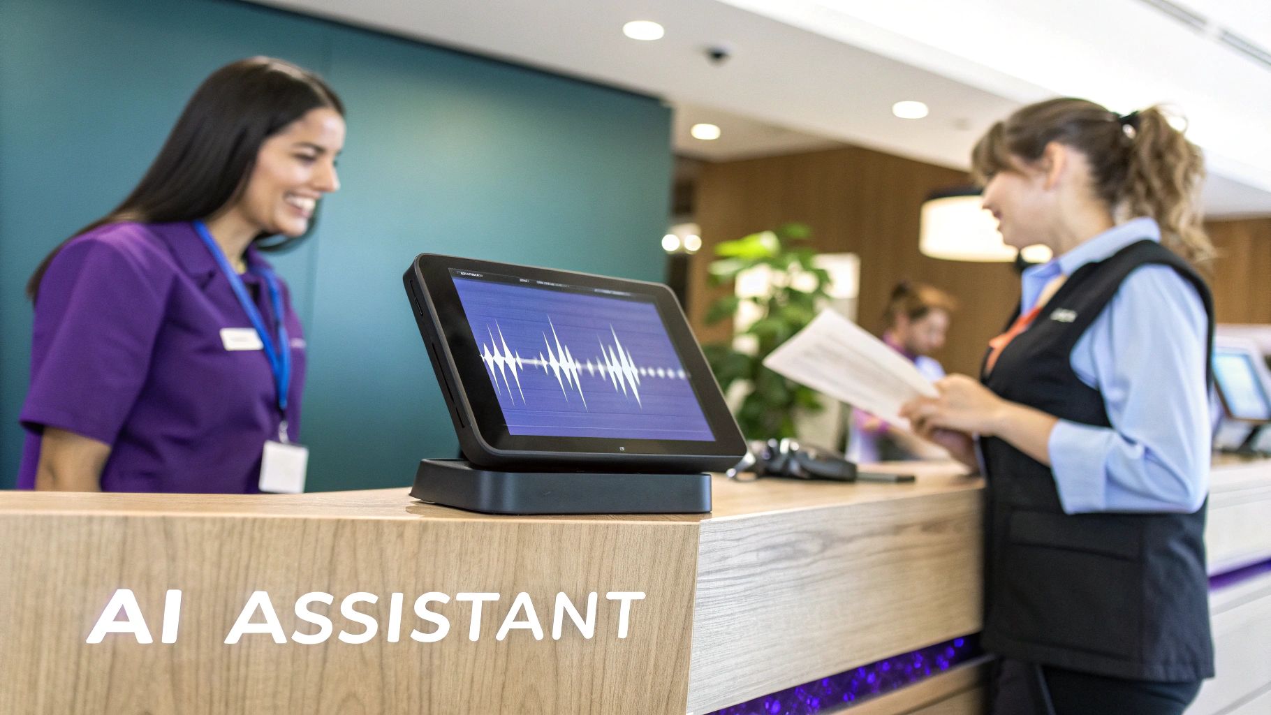 Two women, possibly healthcare professionals, interacting at a reception desk with an AI assistant tablet.