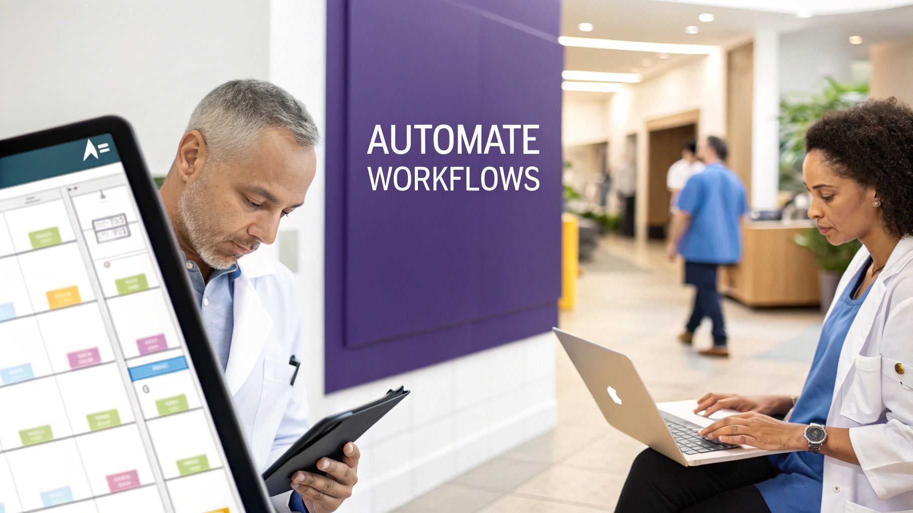 Healthcare professionals automate workflows using digital tools like tablets and laptops in a modern clinic.