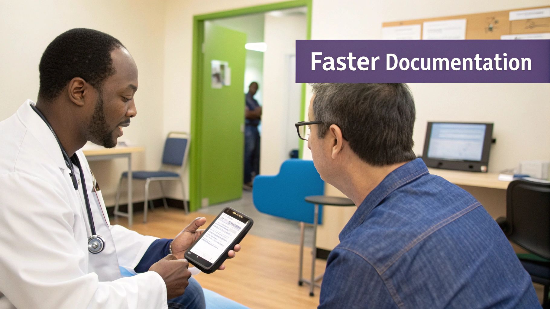 African American doctor showing information on a smartphone to a male patient in a clinic.