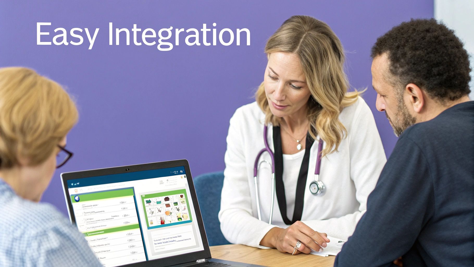Healthcare professionals reviewing patient data on a laptop, demonstrating easy integration of a new system.