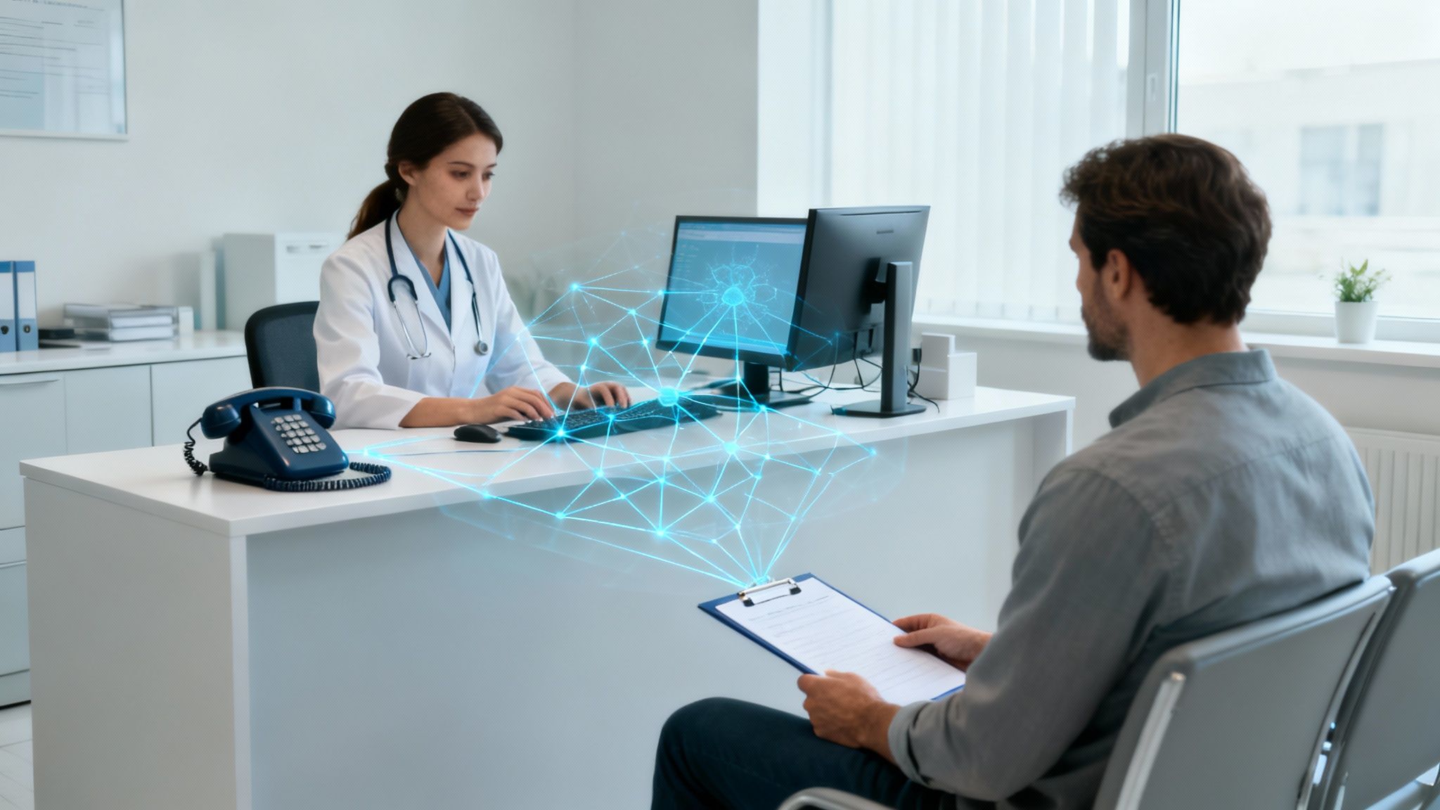 A female doctor uses a computer while a male patient holds a clipboard, illustrating AI data transfer in a medical consultation.