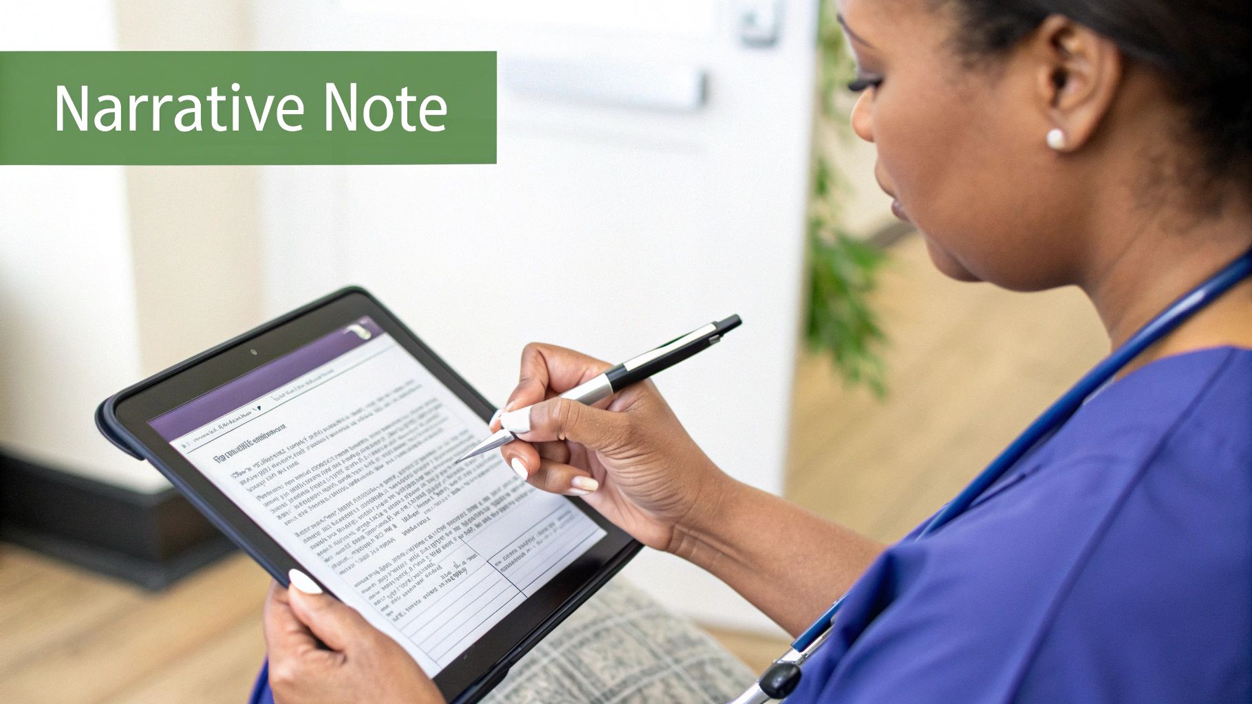 A medical professional in blue scrubs writes a narrative note on a tablet with a stylus.