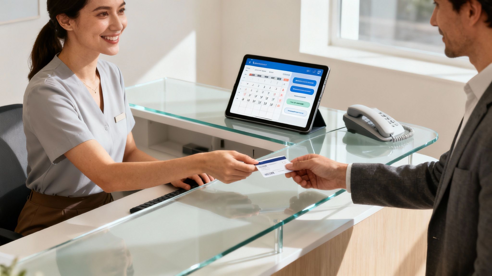 Smiling medical receptionist exchanging a card with a male patient at a modern reception desk with a tablet.