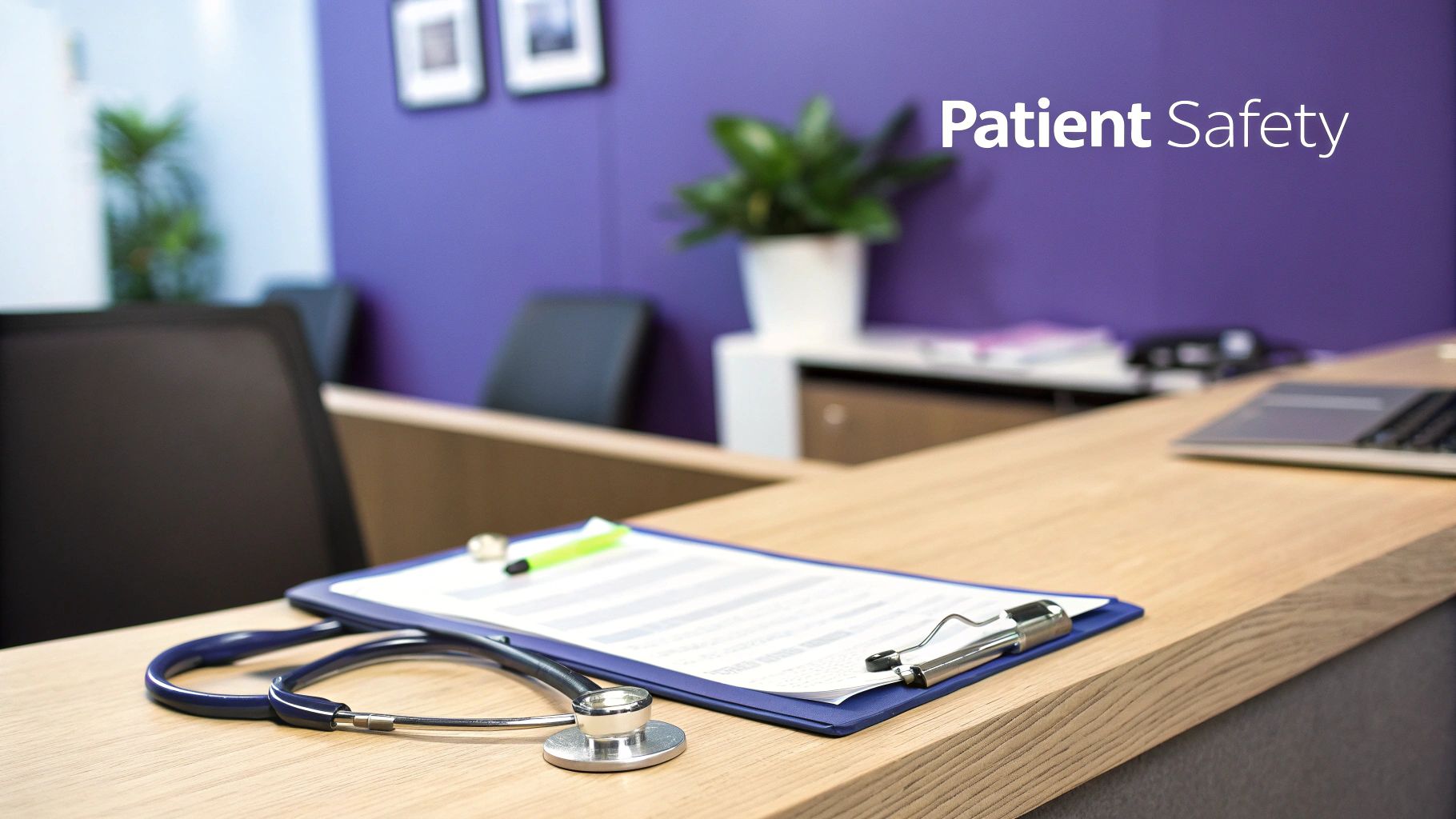 A stethoscope and clipboard on a wooden desk in a medical office, with 'Patient Safety' on the wall.