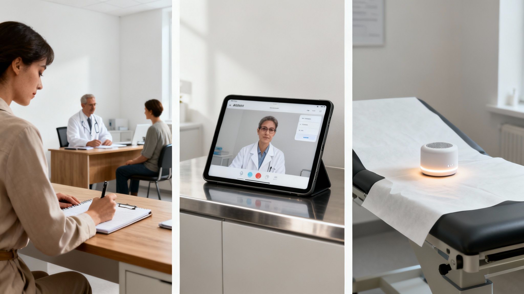 A healthcare professional uses a tablet, symbolizing the different models of medical scribing available today.