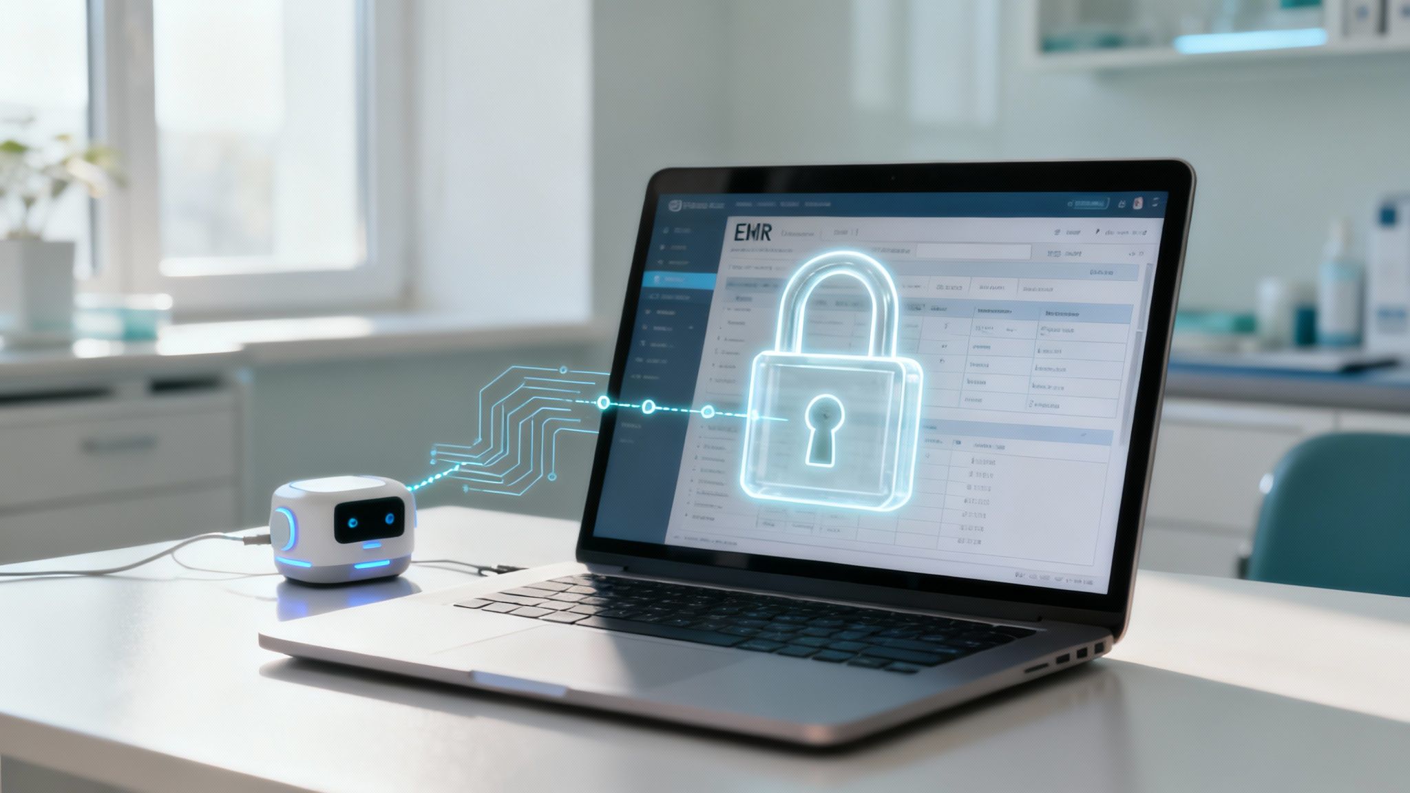 A laptop displaying an EMR system with a glowing padlock, connected to a small AI device, symbolizing secure healthcare technology.