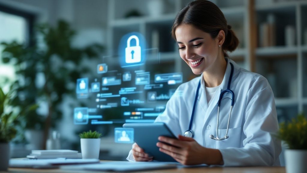A clinician in a modern office uses a tablet, highlighting the seamless integration of AI technology in healthcare.