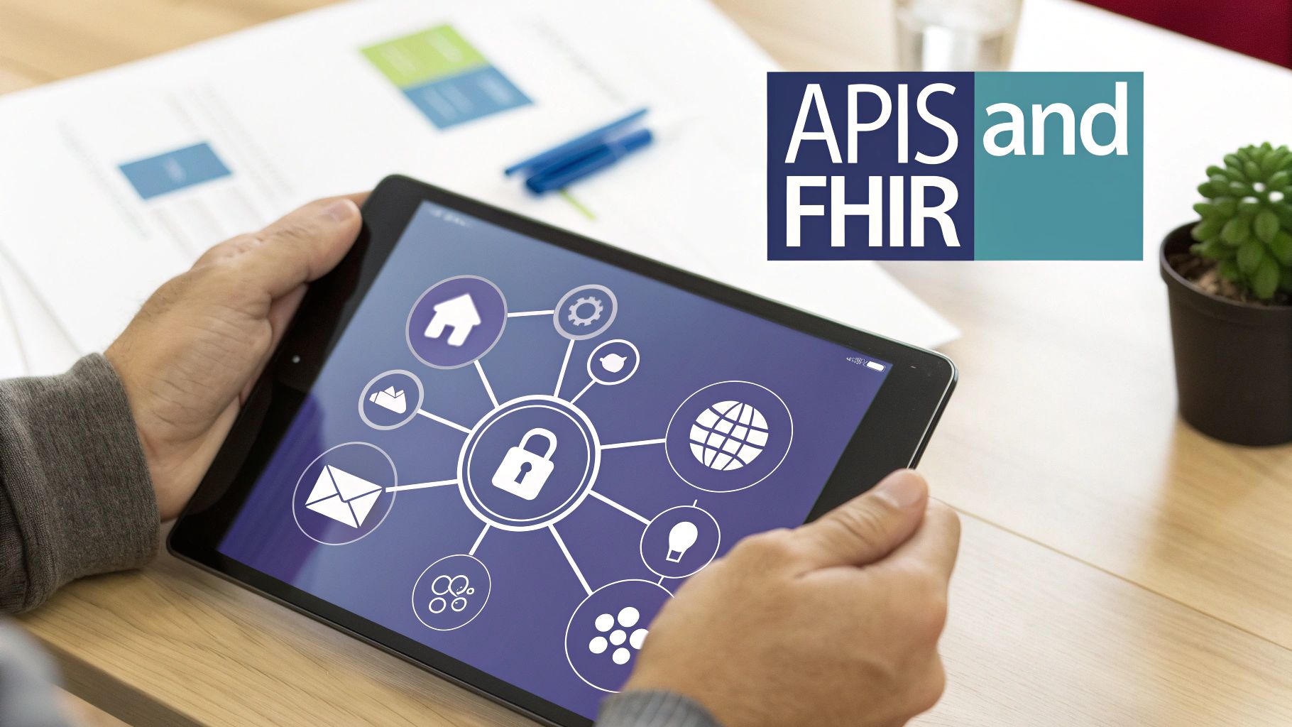 A person holds a tablet displaying a secure network diagram with icons for data integration, alongside an 'APIS and FHIR' logo.