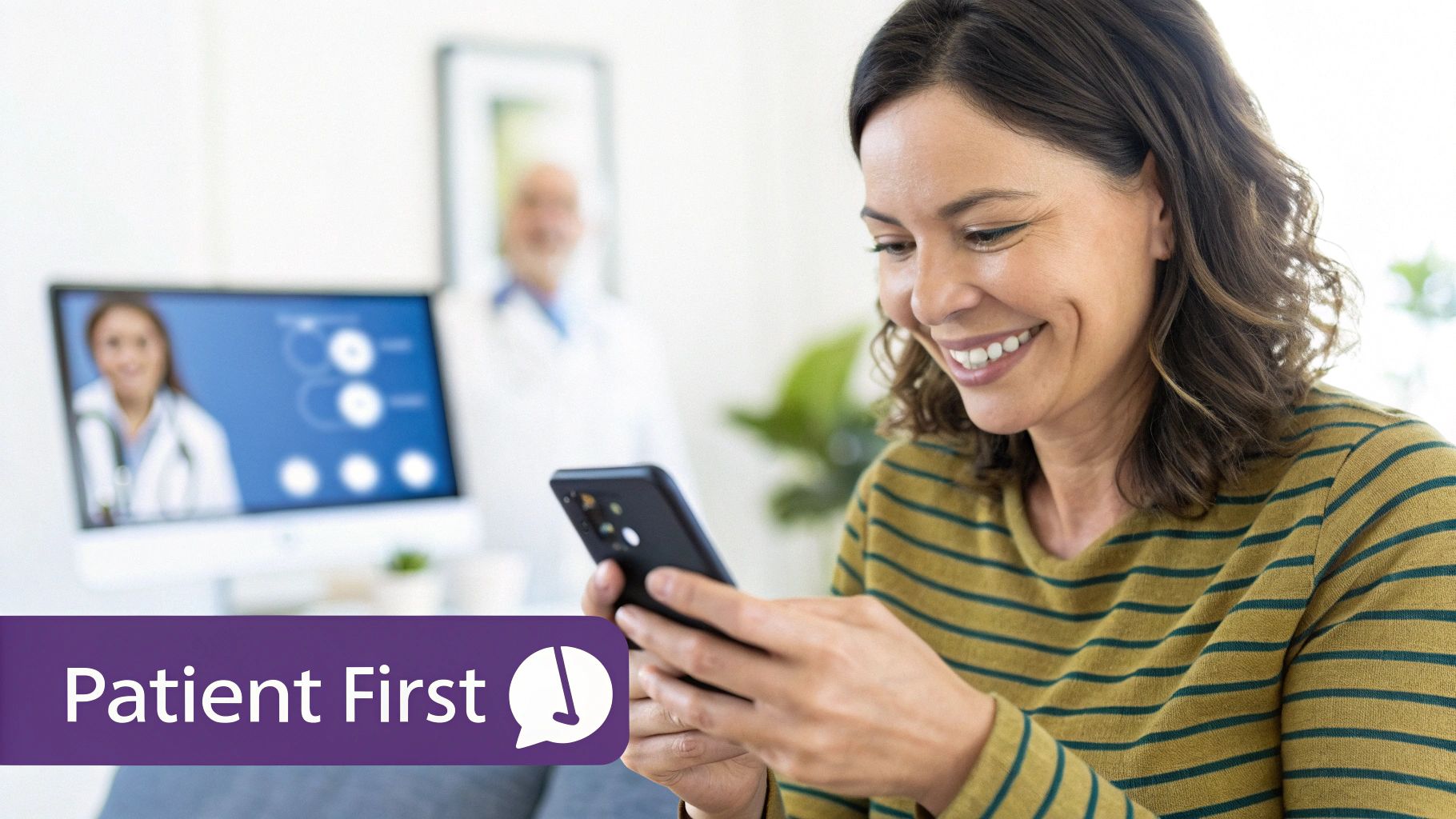 A smiling woman uses a smartphone for a telehealth appointment, with doctors in the background, embodying patient-first care.