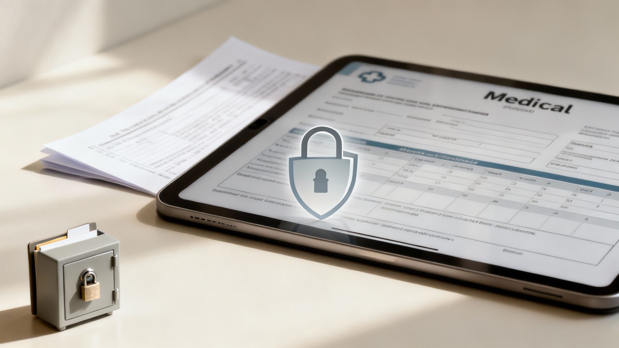A digital lock icon overlaid on a medical history form, symbolizing data security and HIPAA compliance.