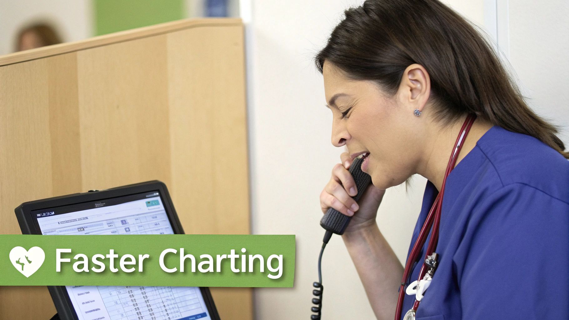 Female nurse using voice dictation into a microphone for faster charting on a tablet computer.