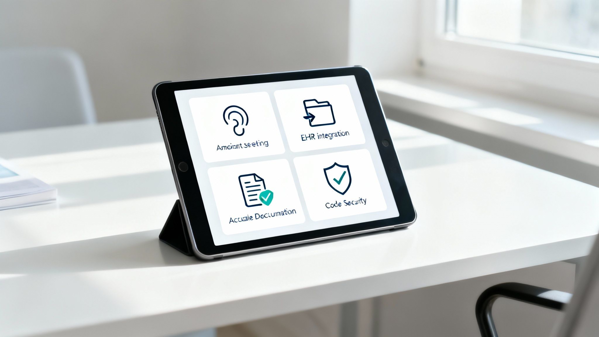 A medical professional using a tablet, highlighting the key features of AI medical scribe software.