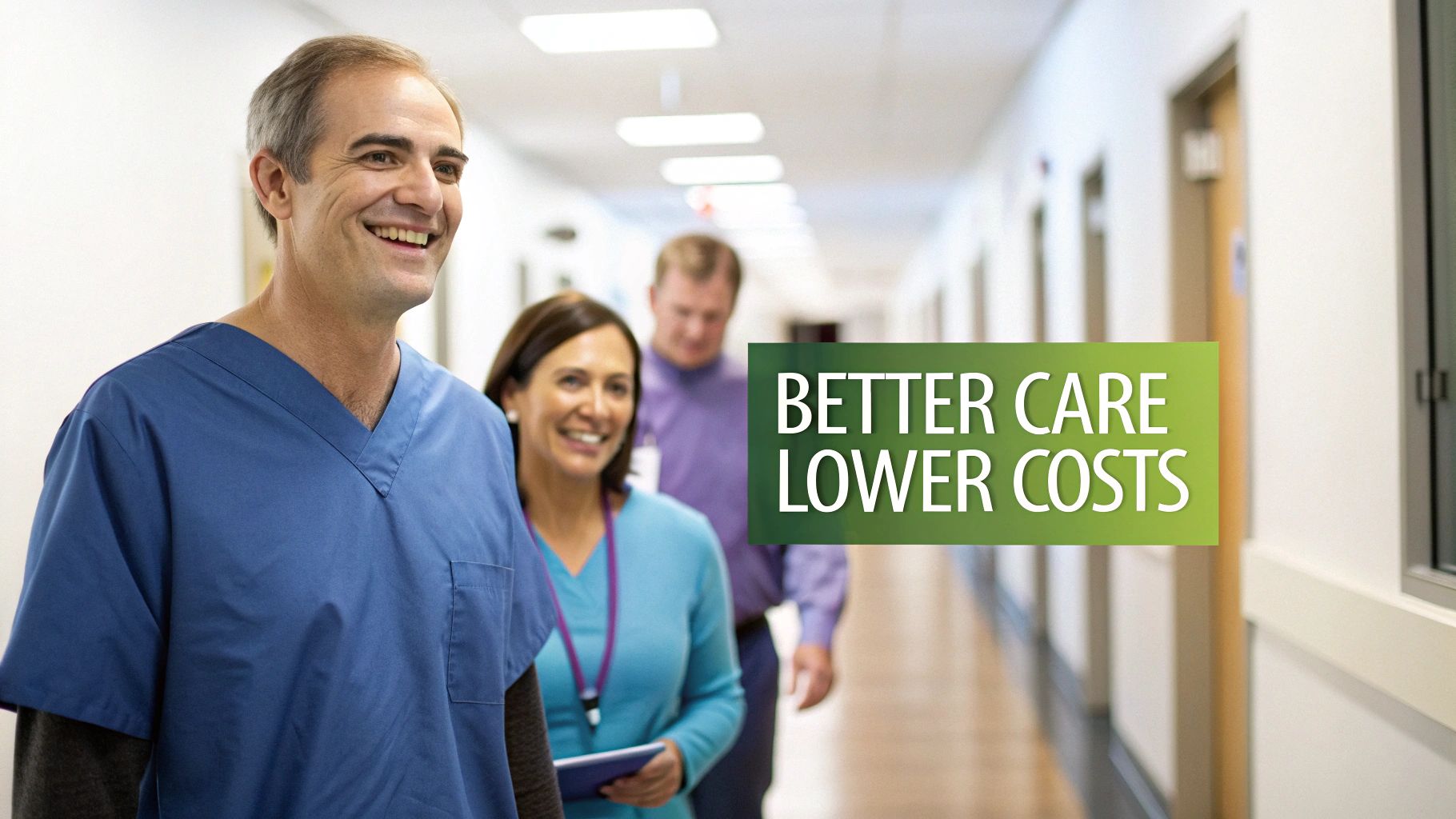 Medical professionals smiling and walking in a hospital hallway with 'Better Care Lower Costs' text.
