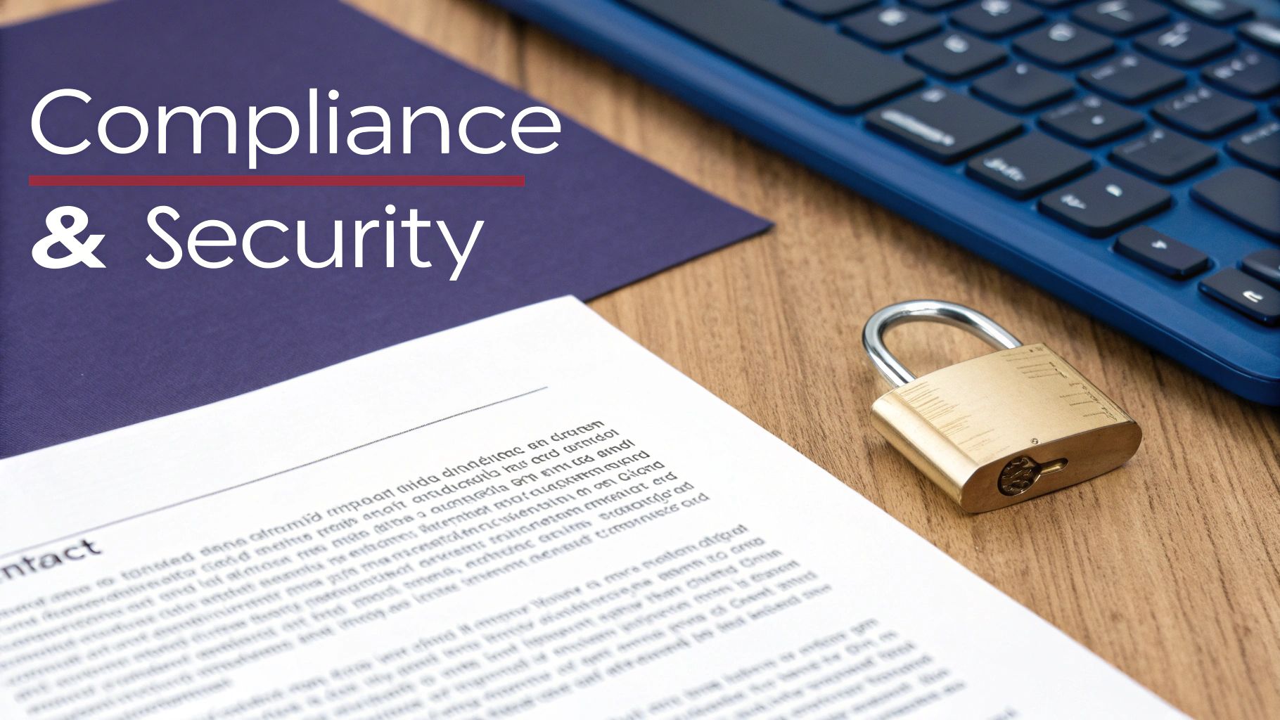A document titled 'Compliance & Security' with a padlock, keyboard, and blurred text on a wooden desk.