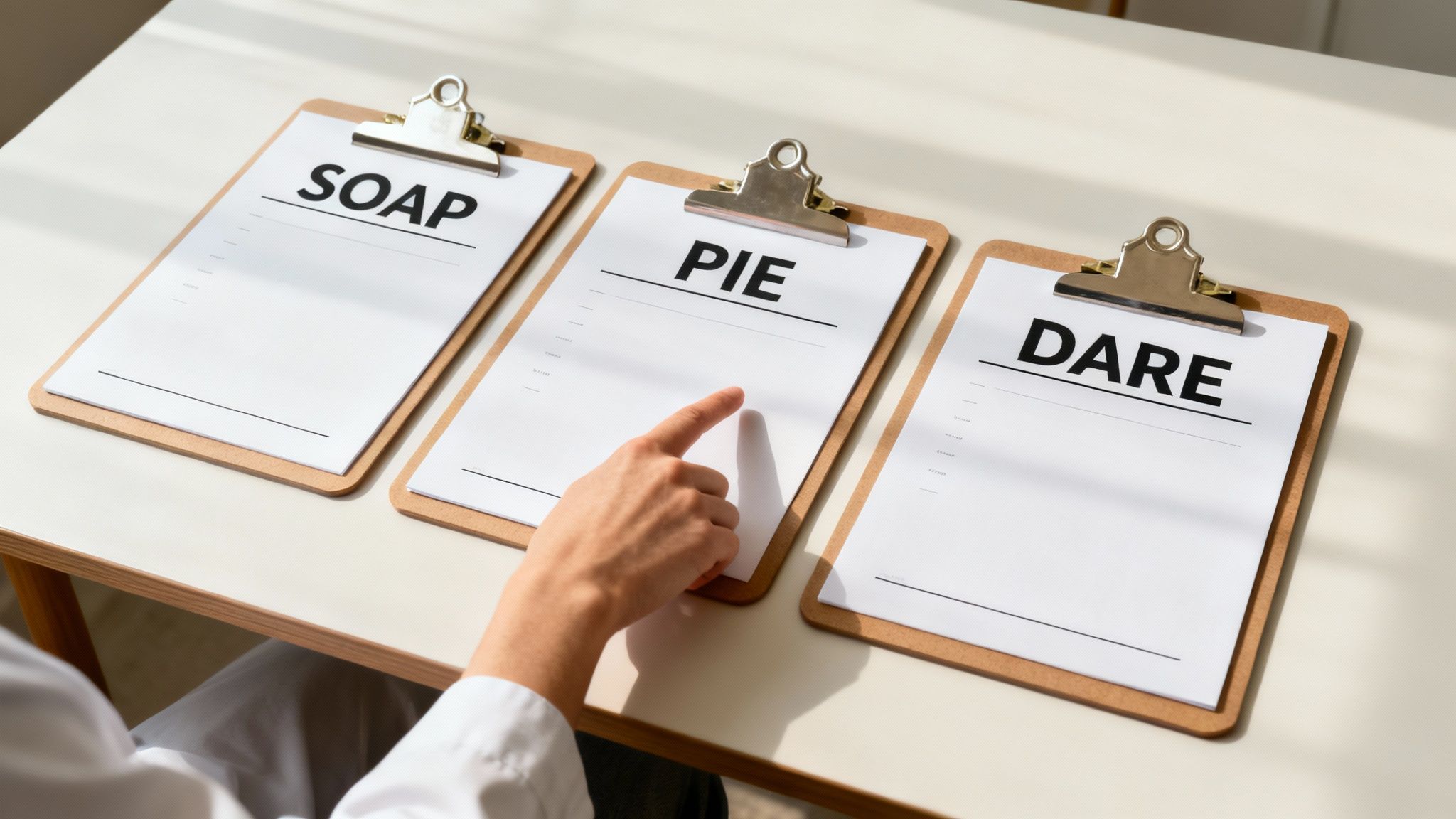 Hand pointing at clipboard with PIE label among three clipboards showing SOAP PIE DARE documentation methods