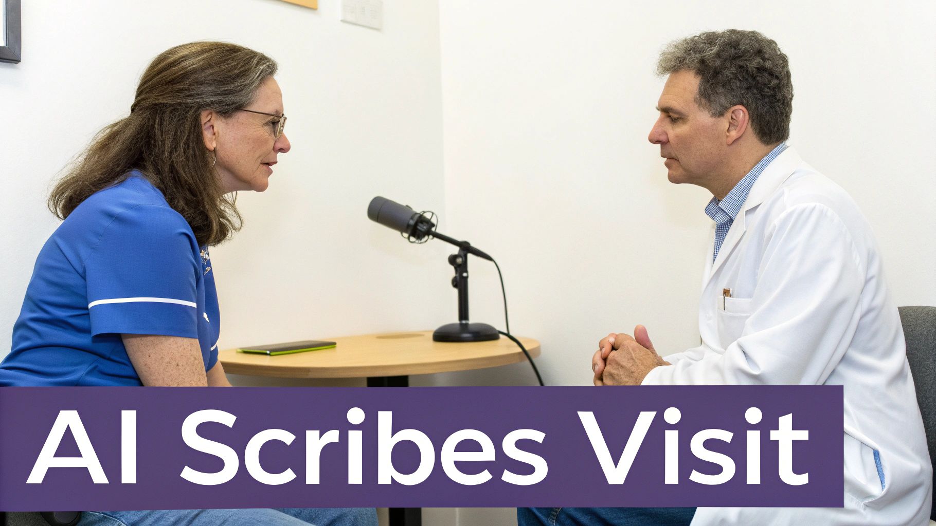 Two medical professionals, a doctor and a nurse, discussing at a table with a microphone.