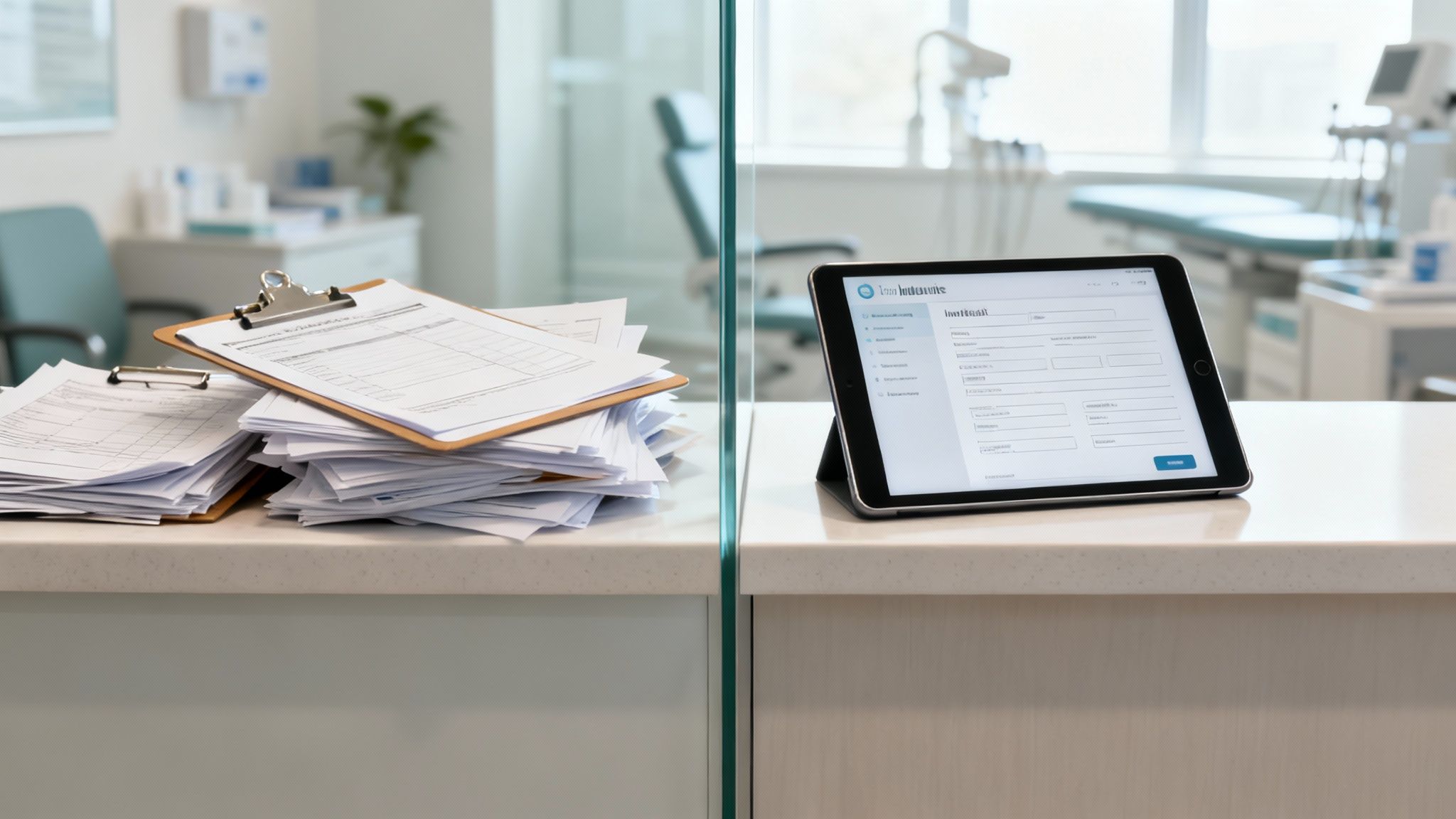 A streamlined digital workflow showing patient information flowing from a tablet to a computer screen
