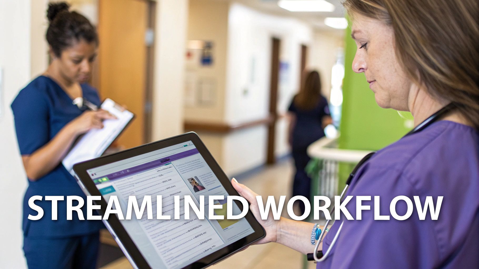 A nurse in purple scrubs uses a digital tablet, demonstrating streamlined workflow in a clinic.