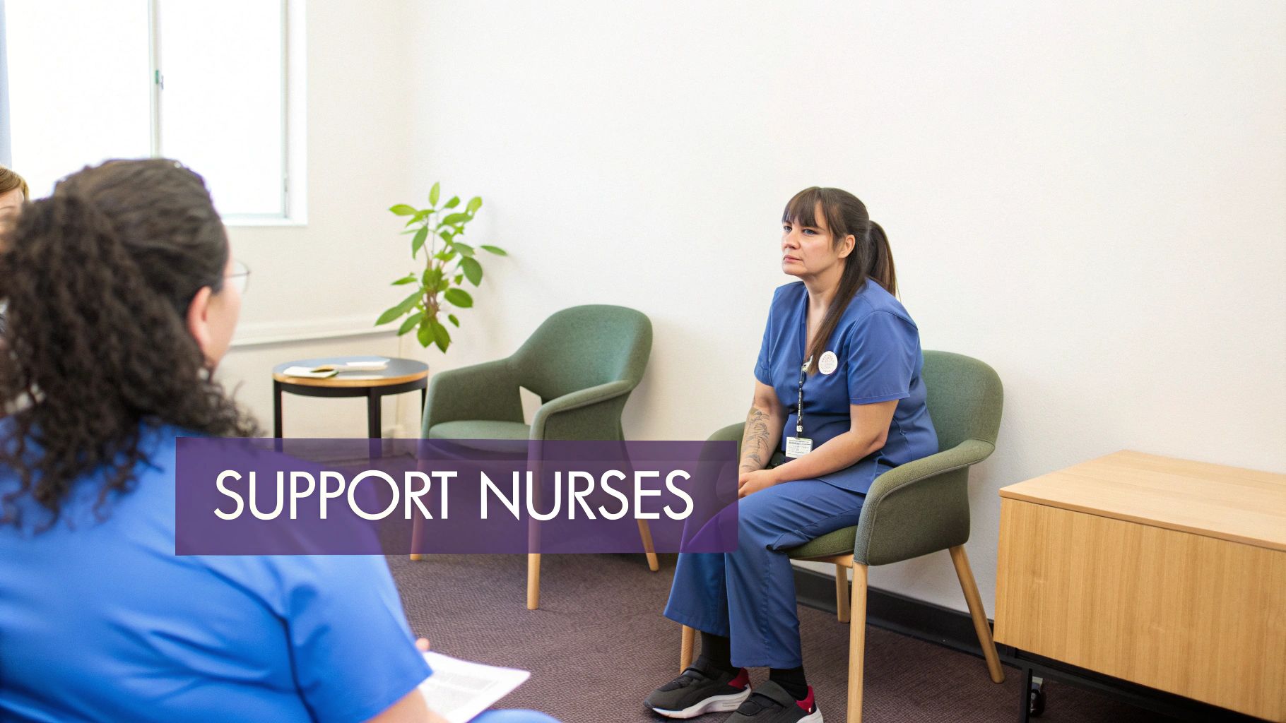 Two nurses in scrubs discussing in a supportive setting, with 'SUPPORT NURSES' text overlaid.