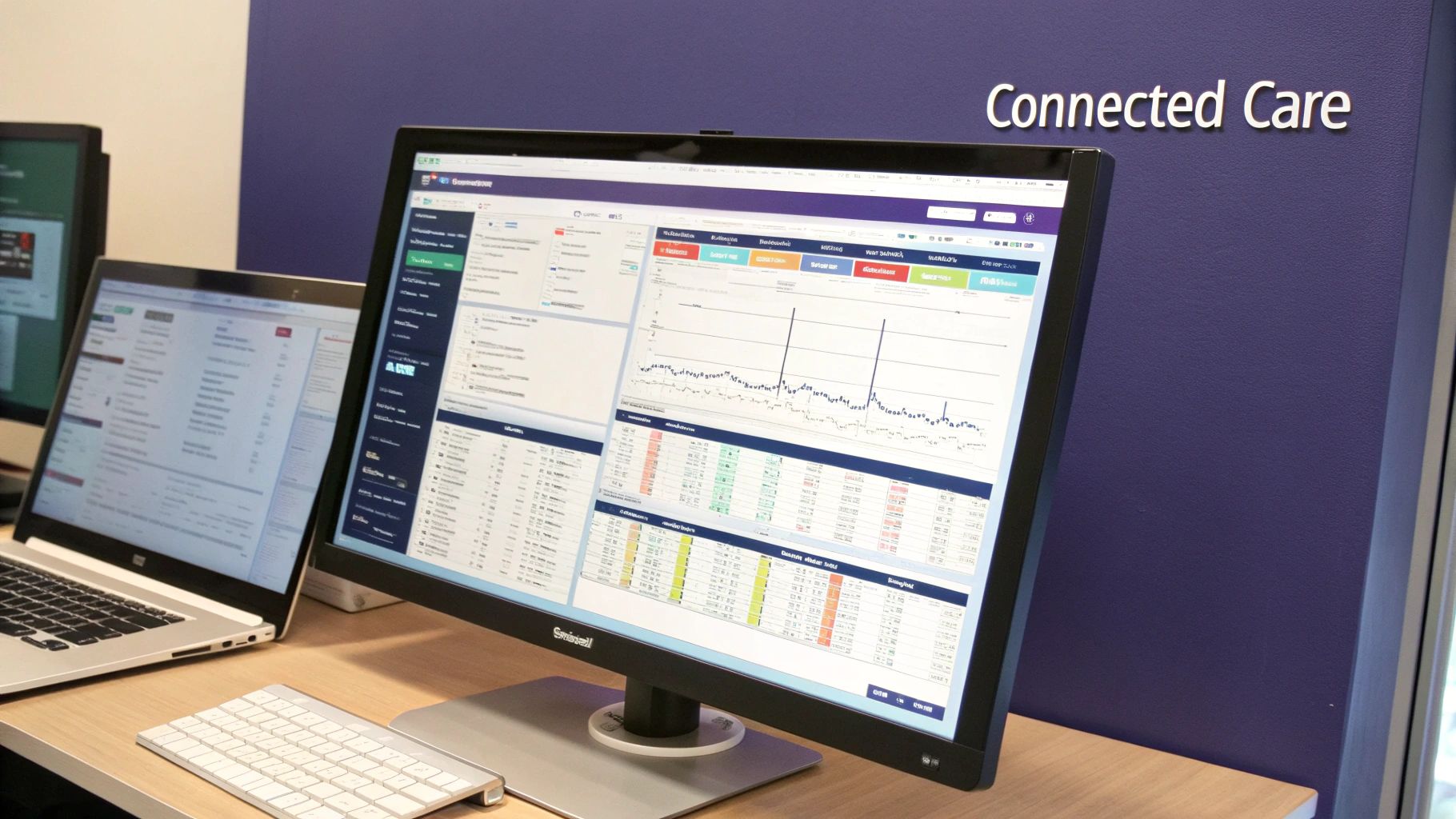 A large computer monitor displays healthcare data and graphs with 'Connected Care' text on a wall.