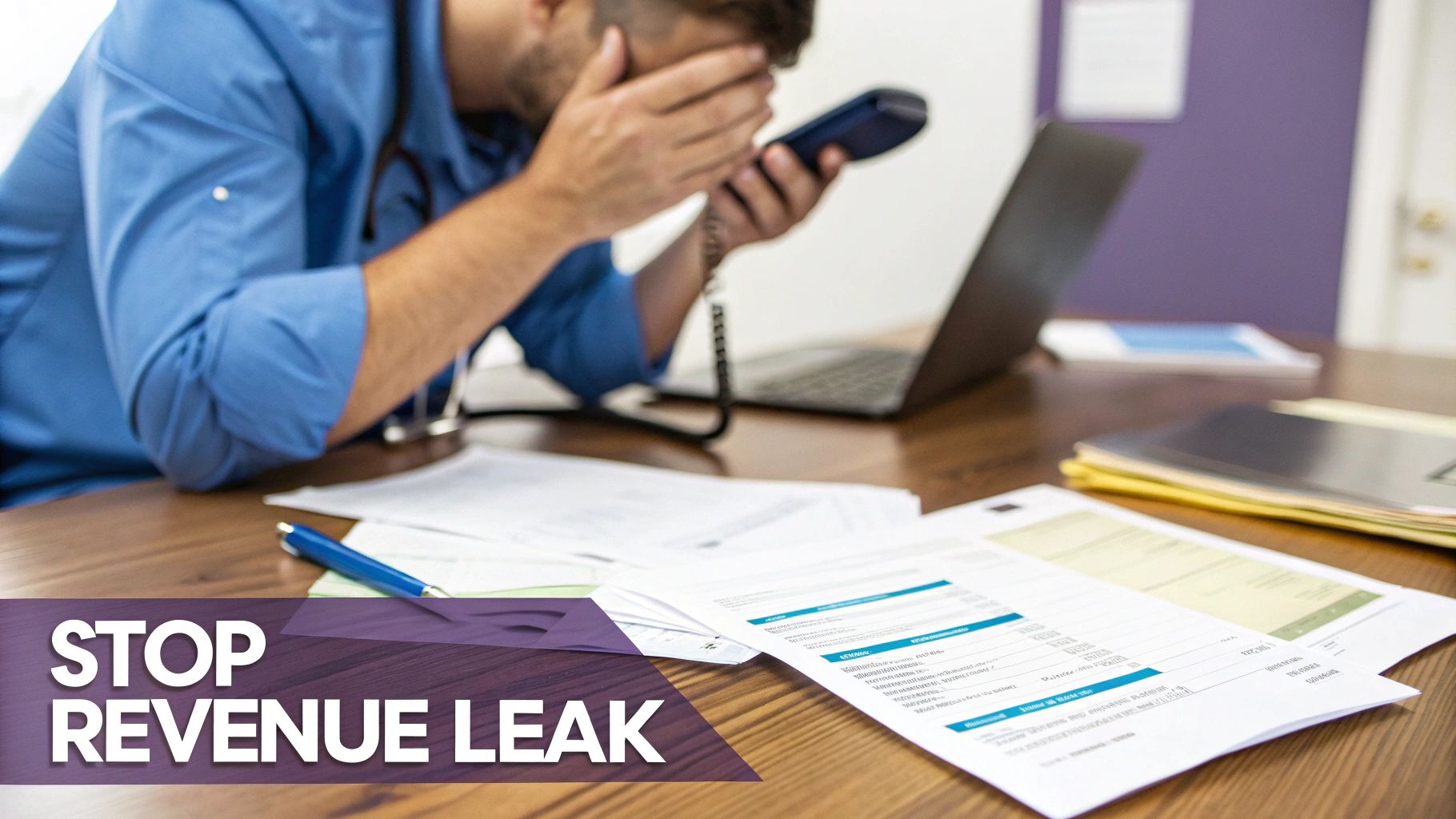 A distressed medical professional holds a phone, surrounded by documents, representing administrative burden and revenue leak.