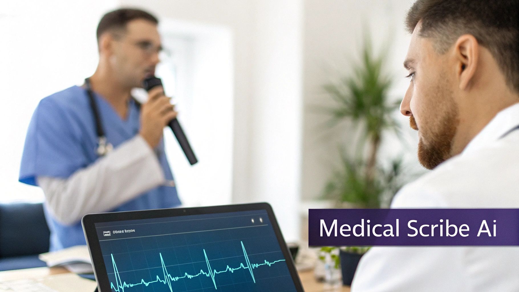 A medical professional dictates into a microphone while another observes a laptop displaying an ECG waveform, with 'Medical Scribe Ai' overlay.