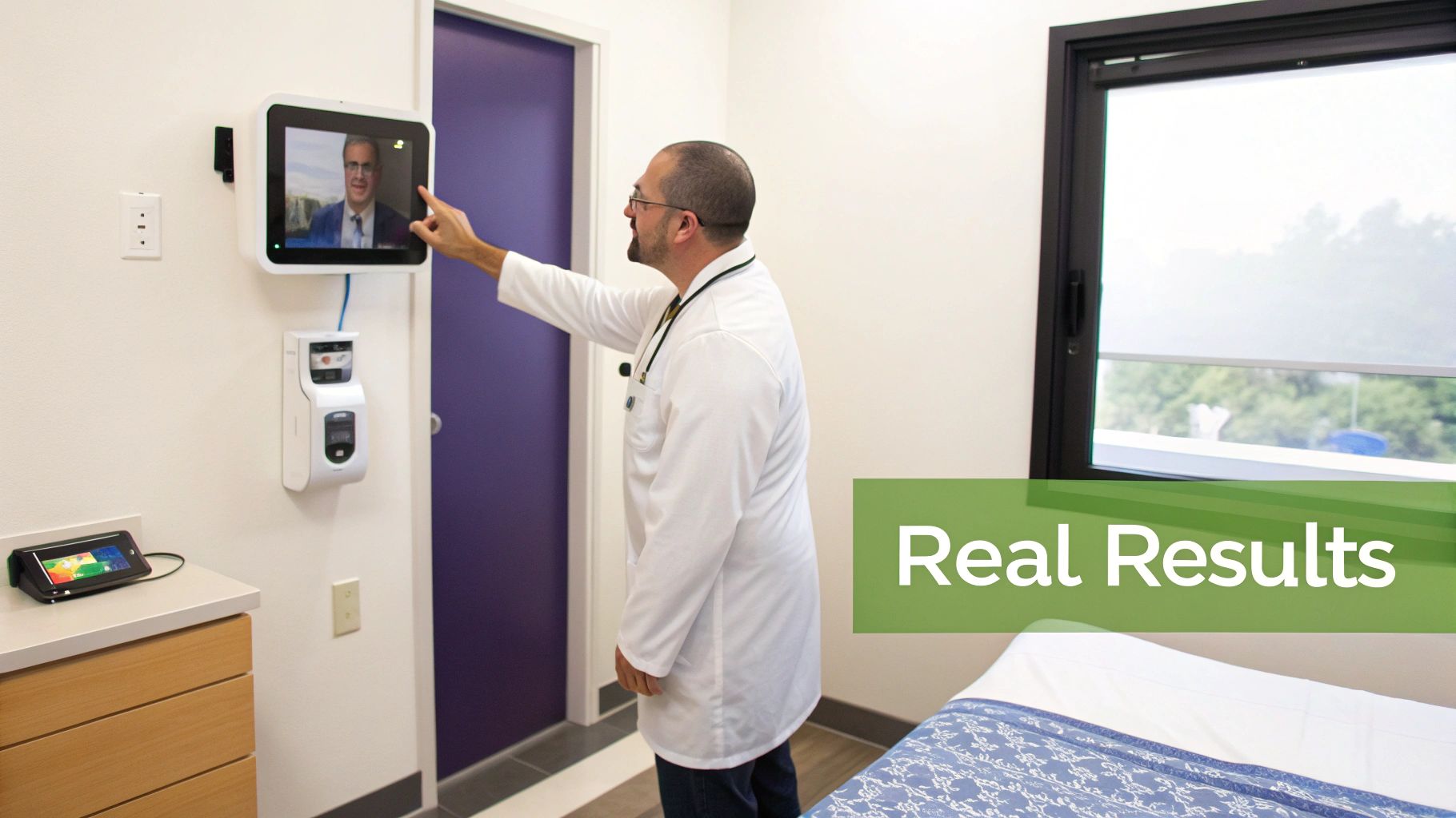 Doctor interacts with a wall-mounted screen displaying a remote consultant during a telehealth visit in a modern clinic.