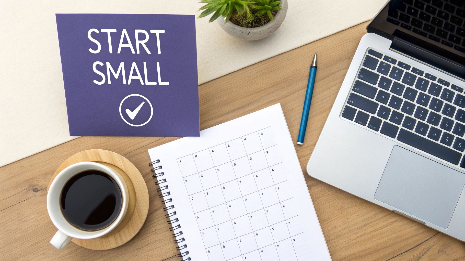 A top-down view of a desk with a 'START SMALL' card, coffee, calendar, laptop, and plant.